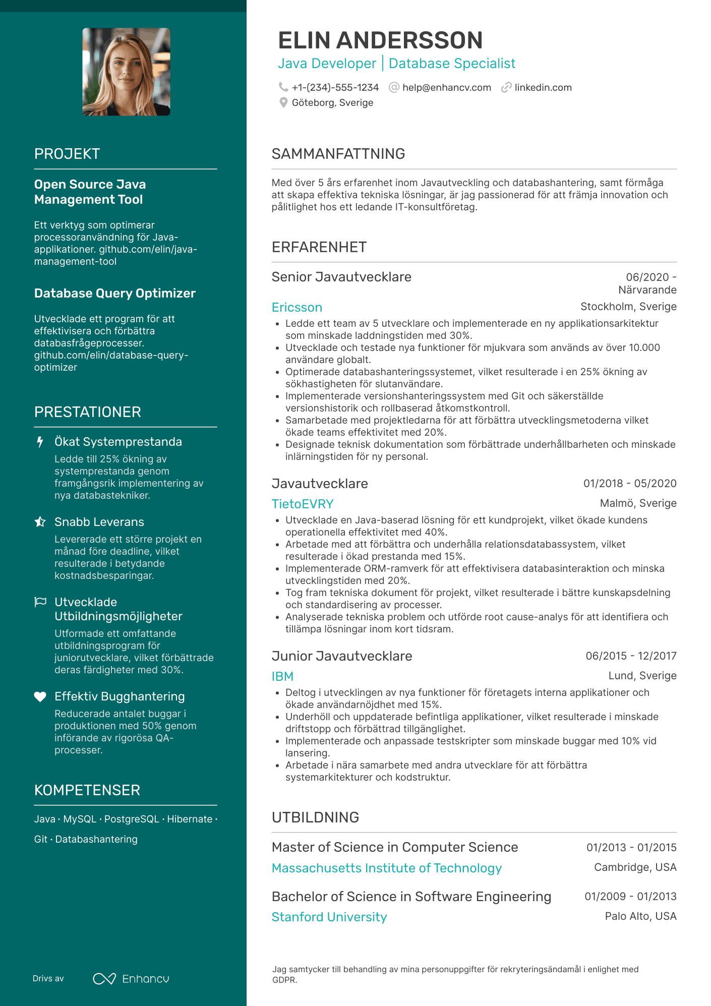 CV för Javautvecklare med fokus på databaser Resume Example