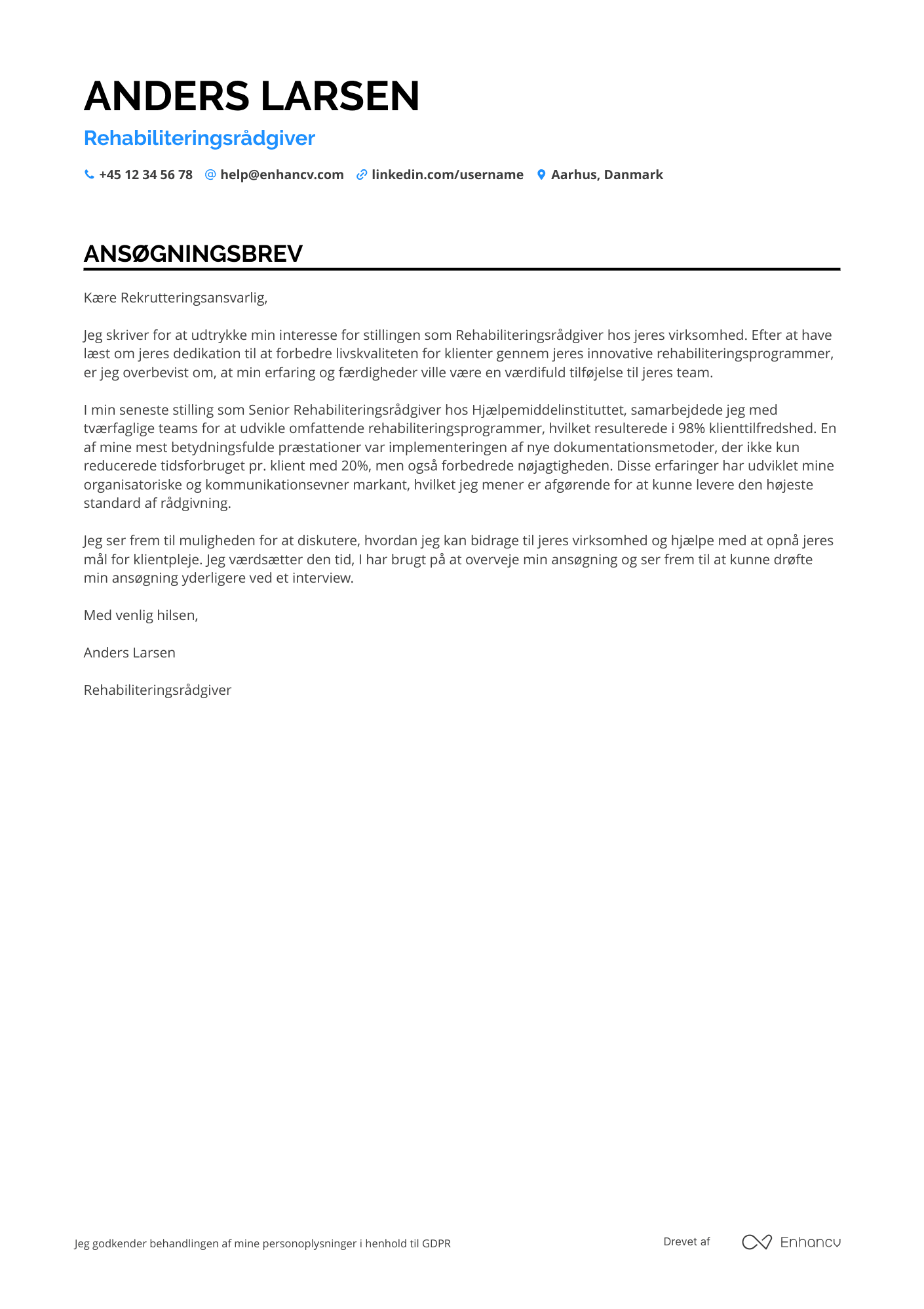 Ansøgningsbrev til Rehabiliteringsrådgiver Resume Example