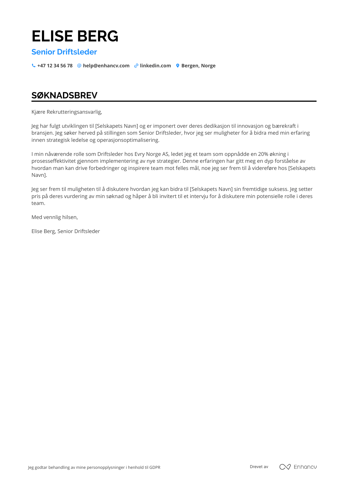 Søknadsbrev for Senior Driftsleder Resume Example