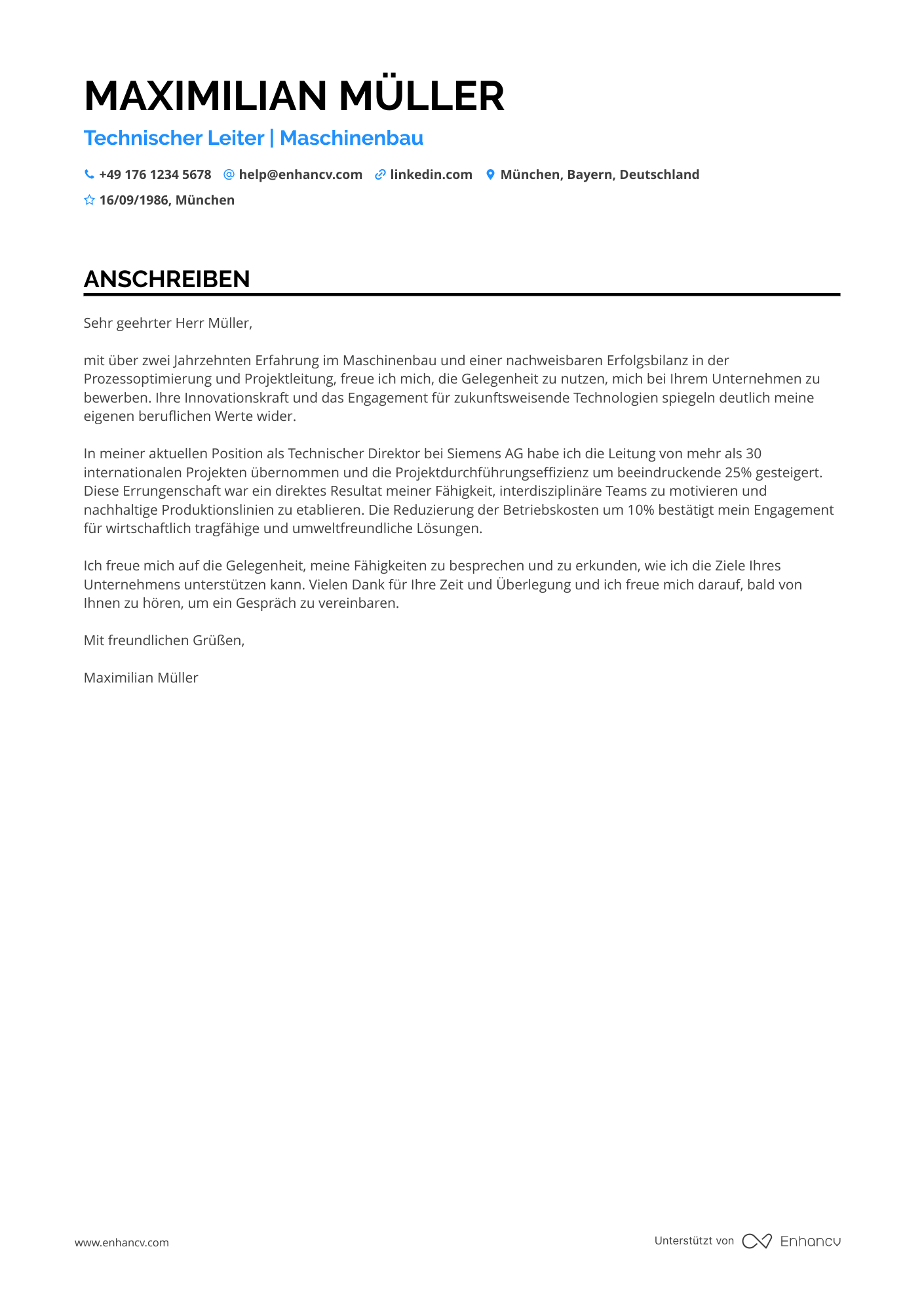 Technischer Leiter im Maschinenbau Resume Example