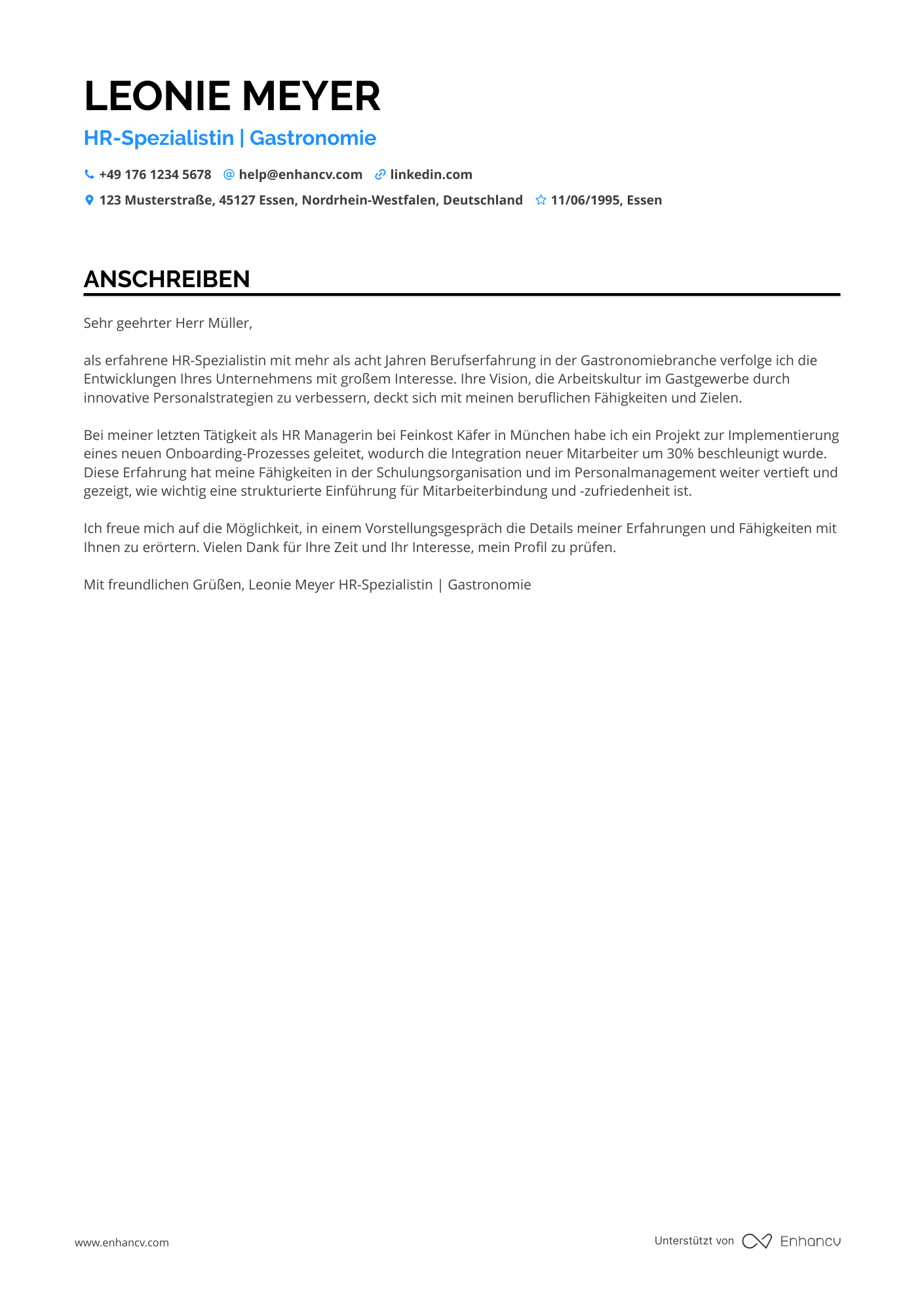 Personaler in der Gastronomiebranche Resume Example