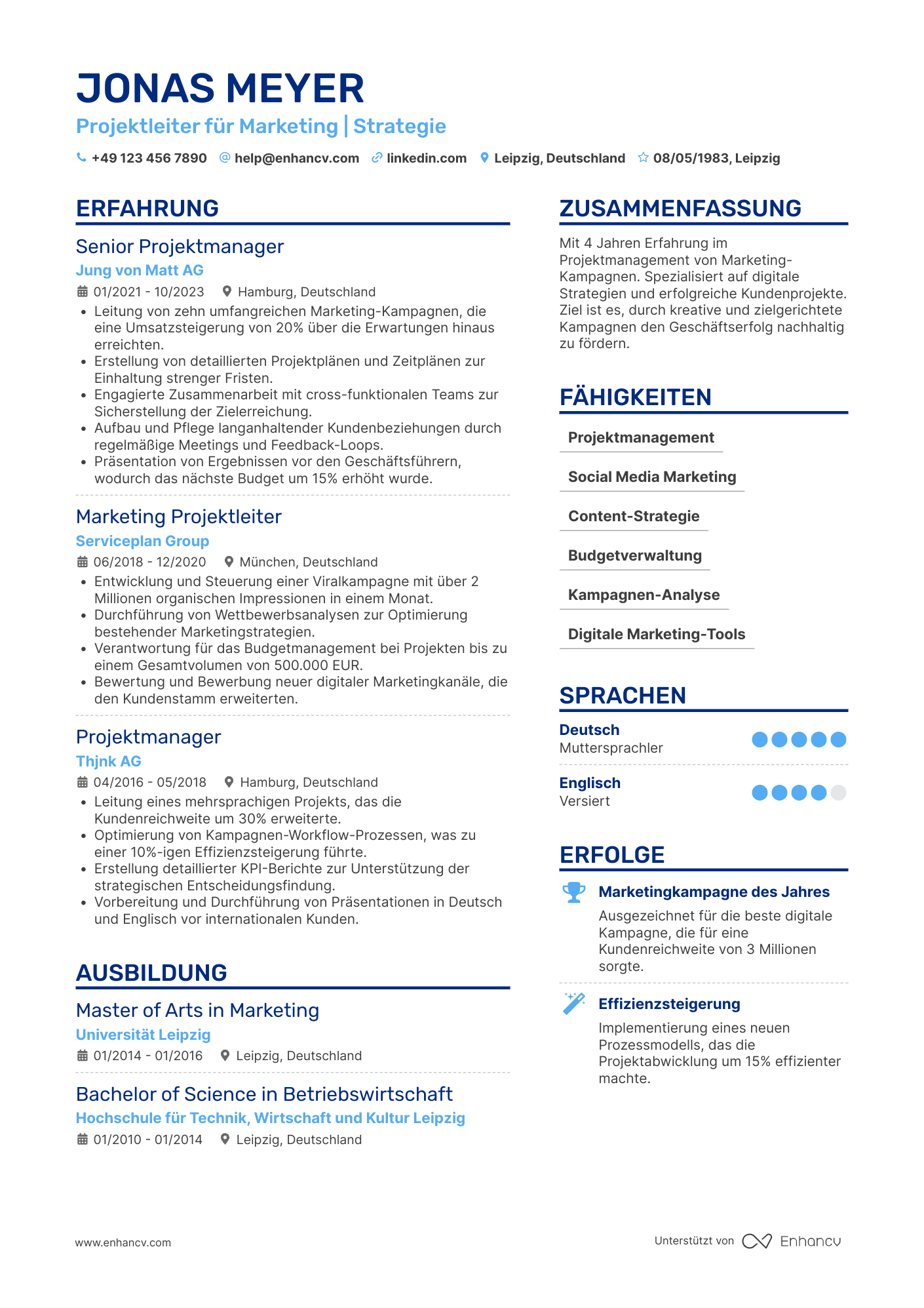 Lebenslauf als Projektleiter für Marketing Kampagnen Resume Example