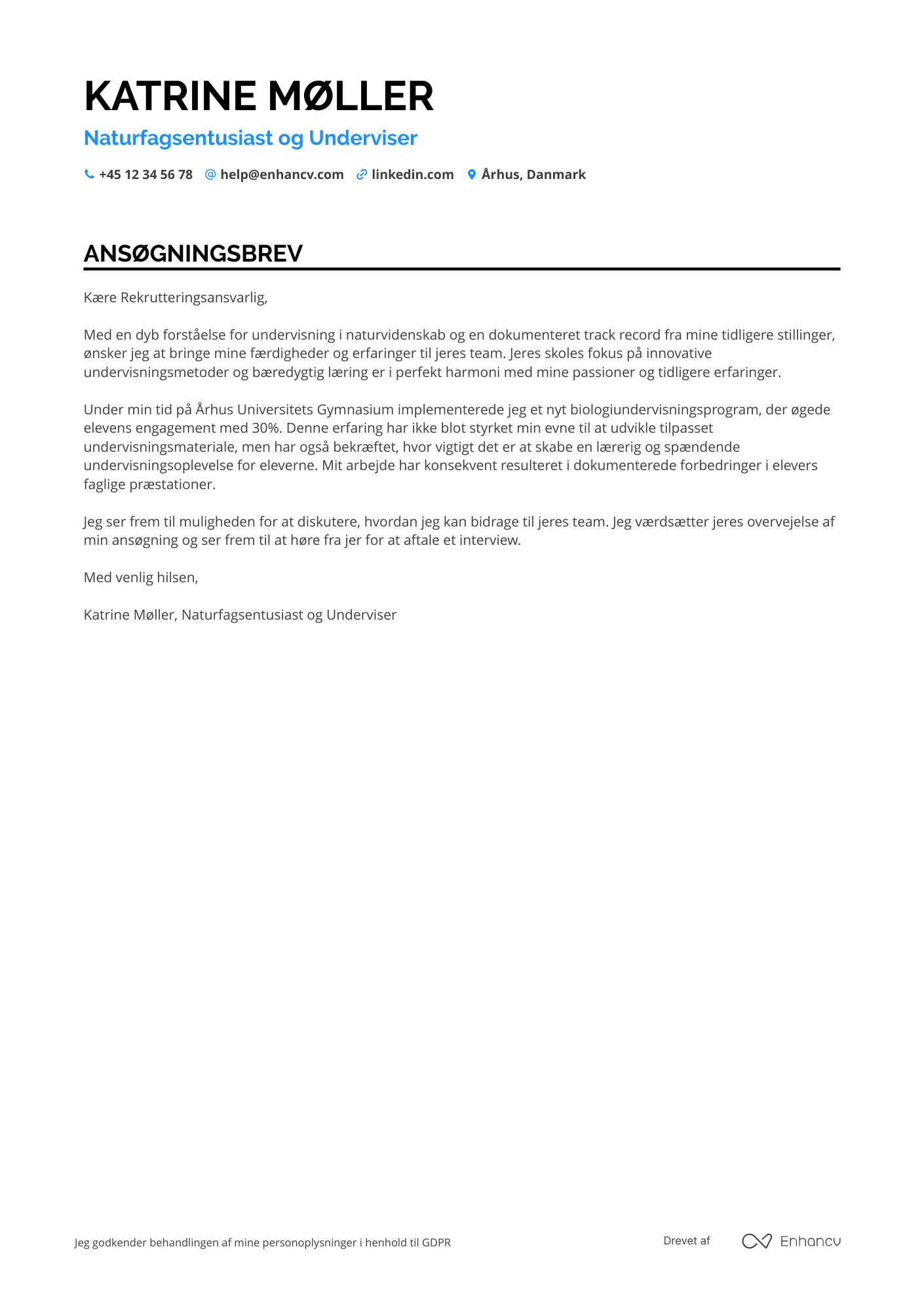 Ansøgningsbrev til Naturfagslærer Resume Example