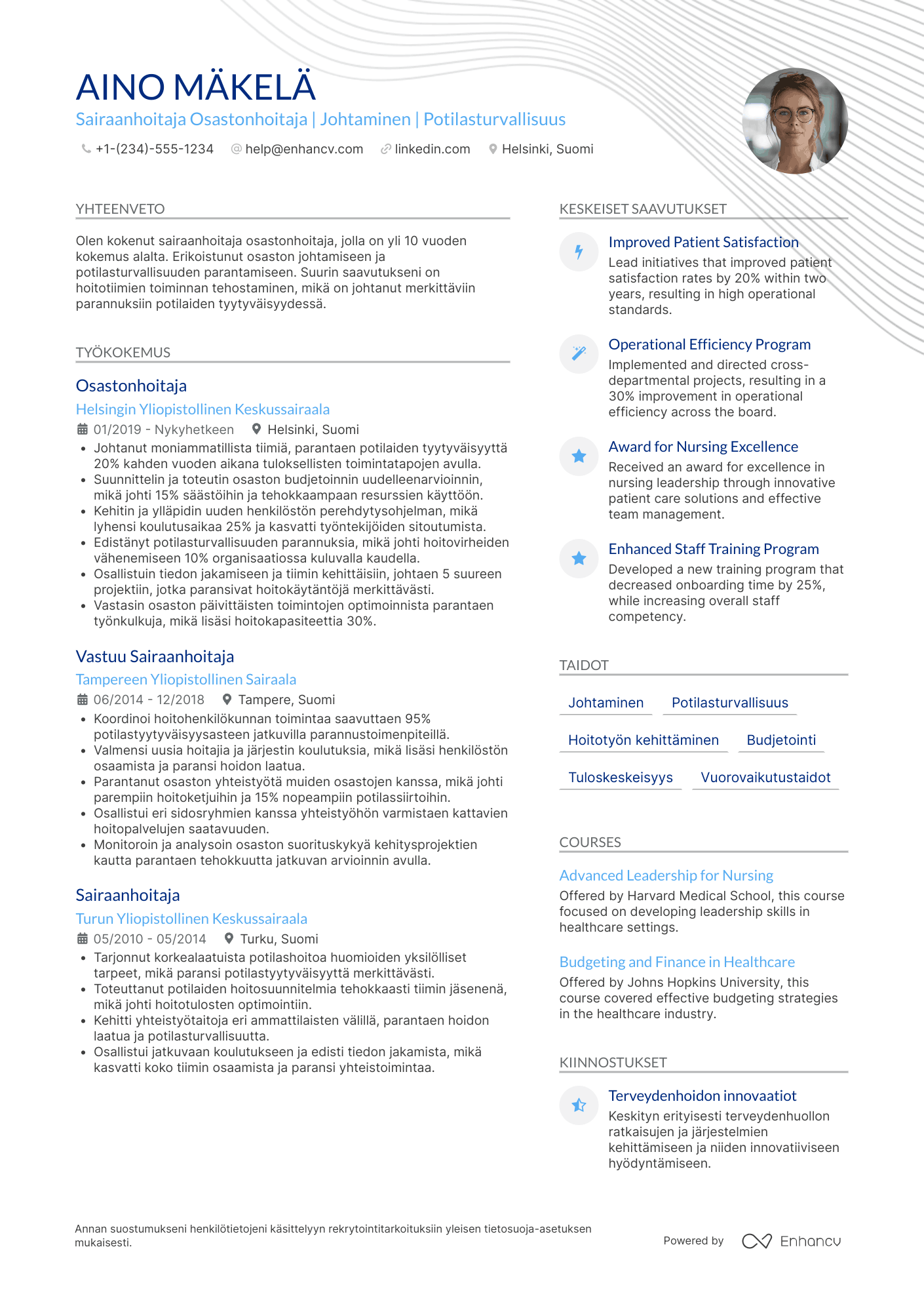 Ansioluettelo Sairaanhoitaja Osastonhoitaja Resume Example