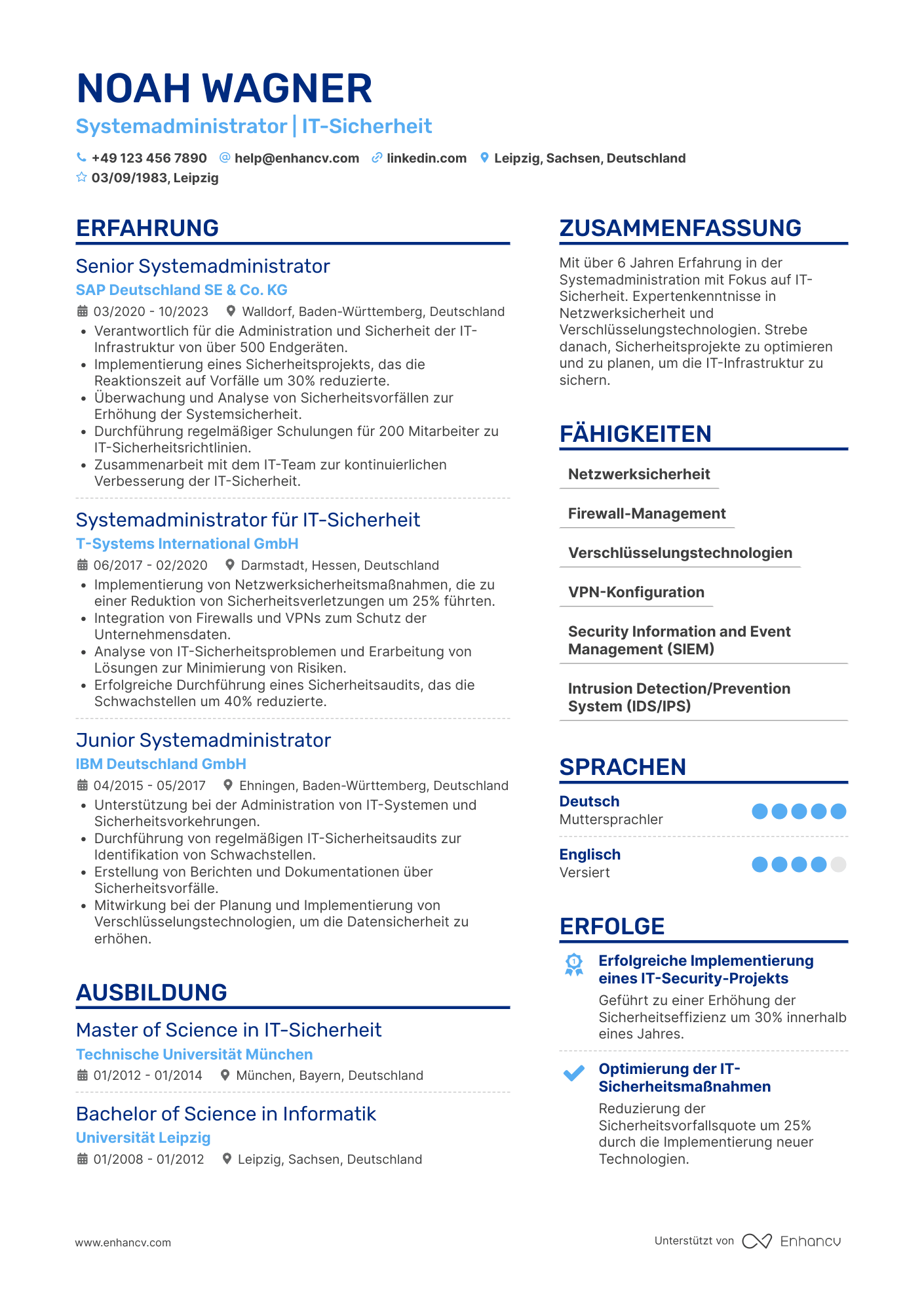 Lebenslauf als Systemadministrator mit Schwerpunkt IT Sicherheit Resume Example