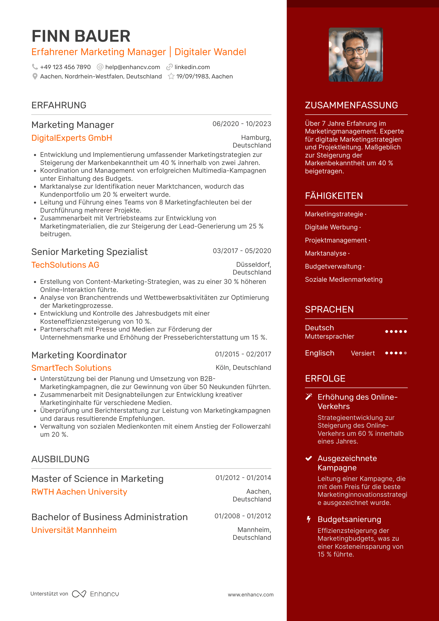 Lebenslauf als Erfahrener Marketing Manager Resume Example