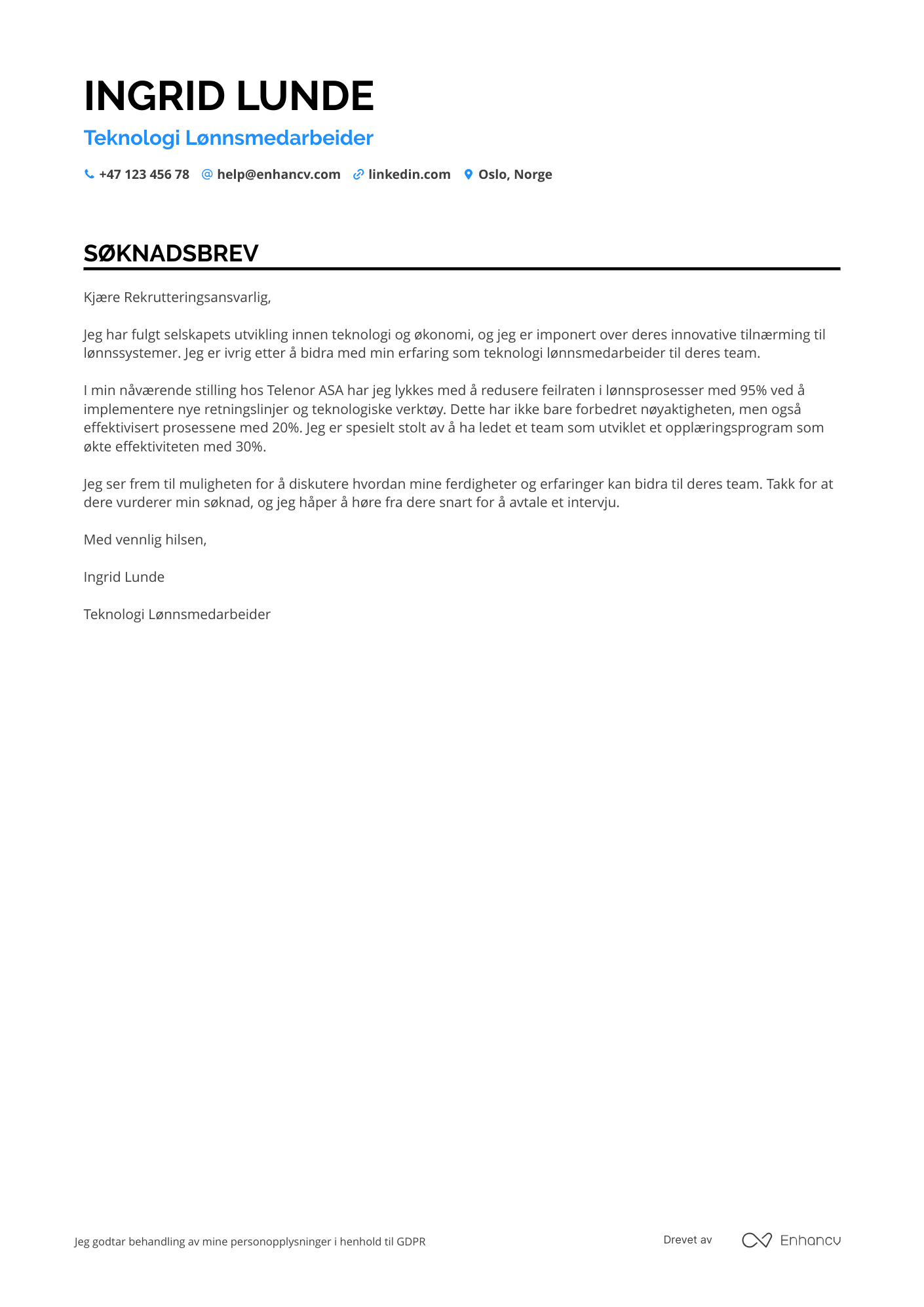 Søknadsbrev for Teknologi Lønnsmedarbeider Resume Example