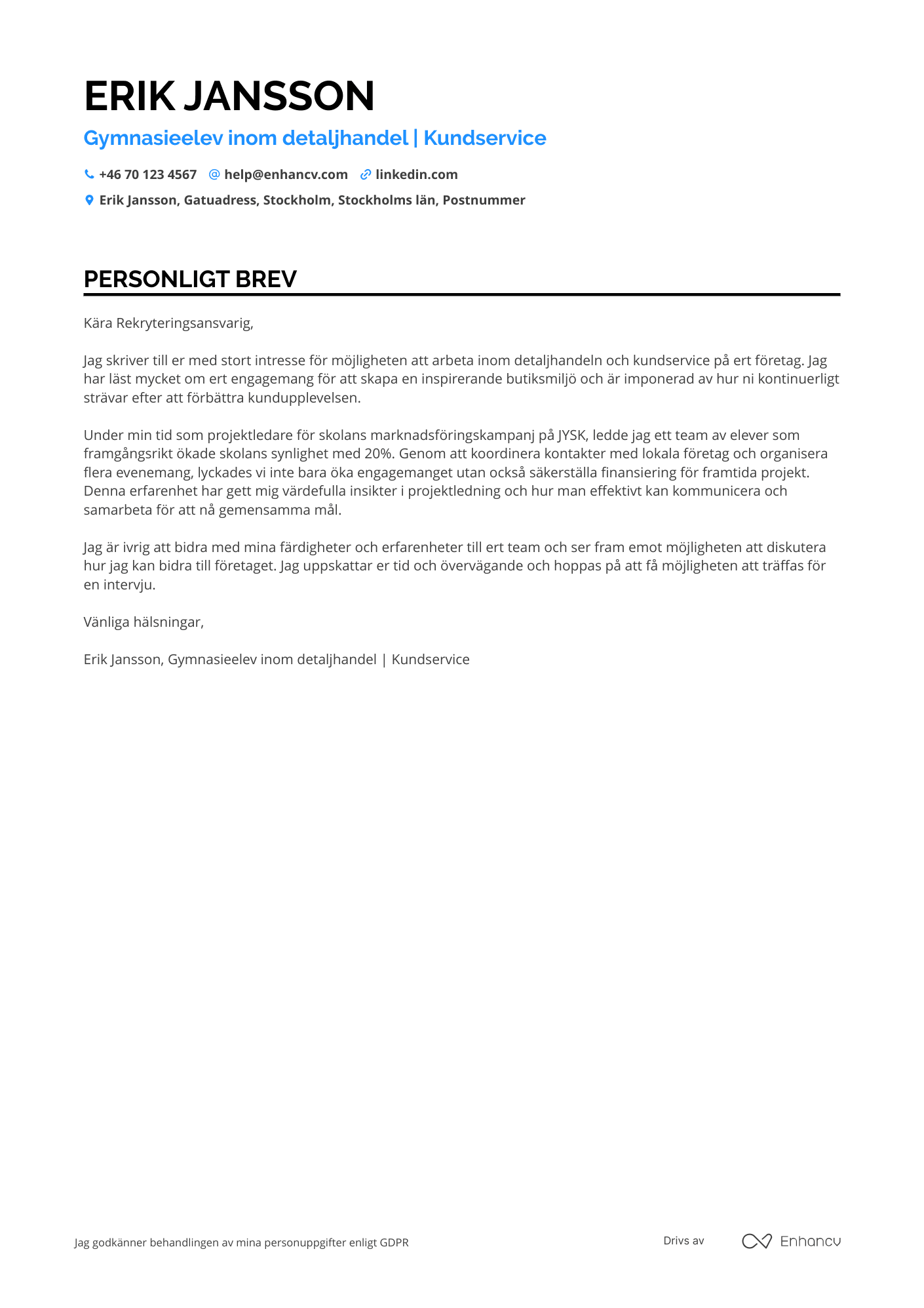 Personligt brev för Gymnasieelev Detaljhandel Resume Example
