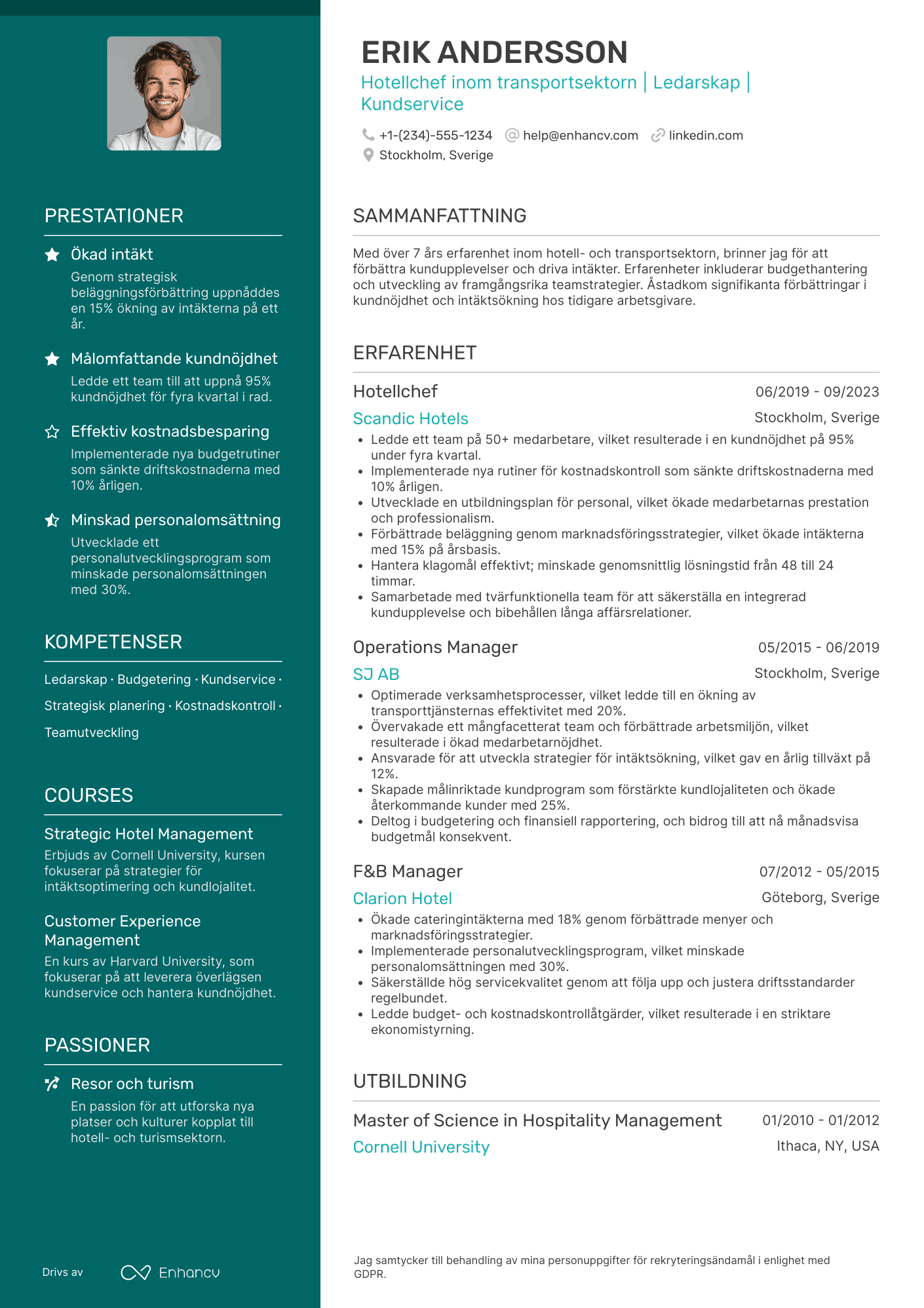 CV för Hotellchef transportsektor Resume Example