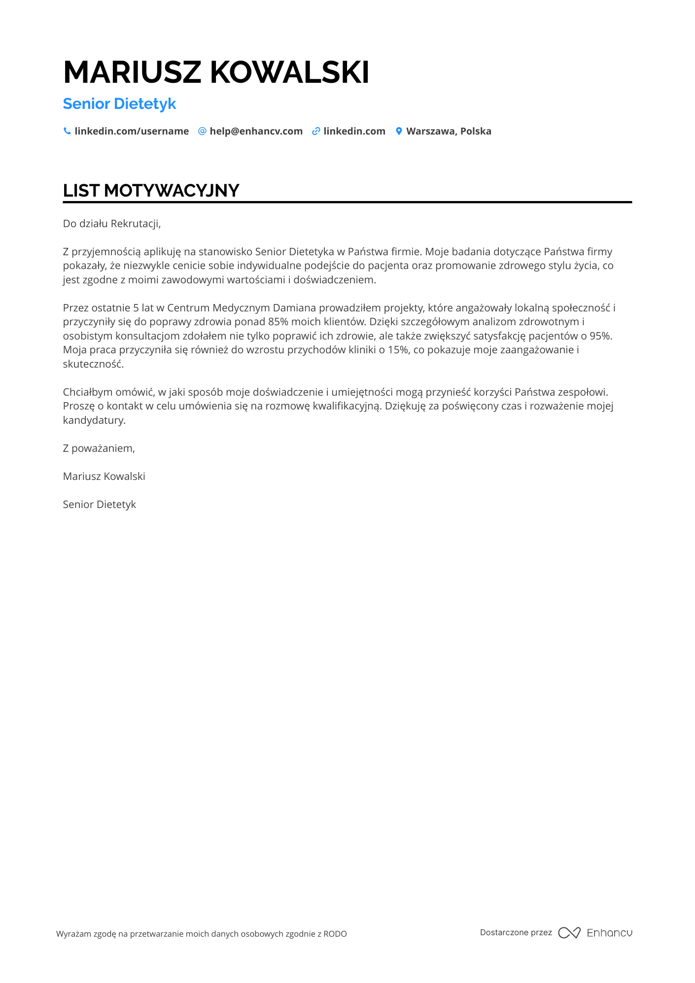 List motywacyjny dla Senior Dietetyk Resume Example