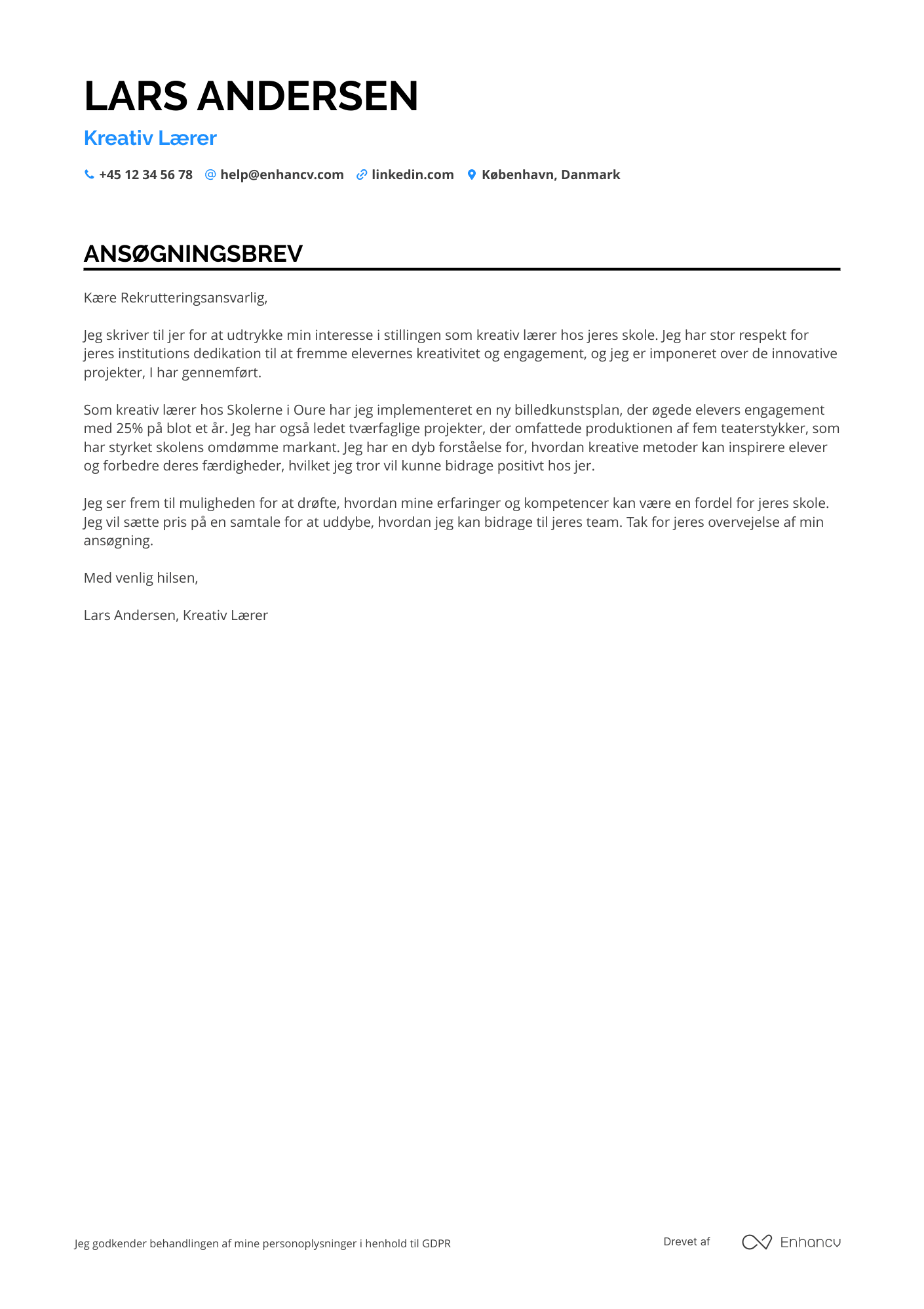 Ansøgningsbrev til Kreativ lærer Resume Example