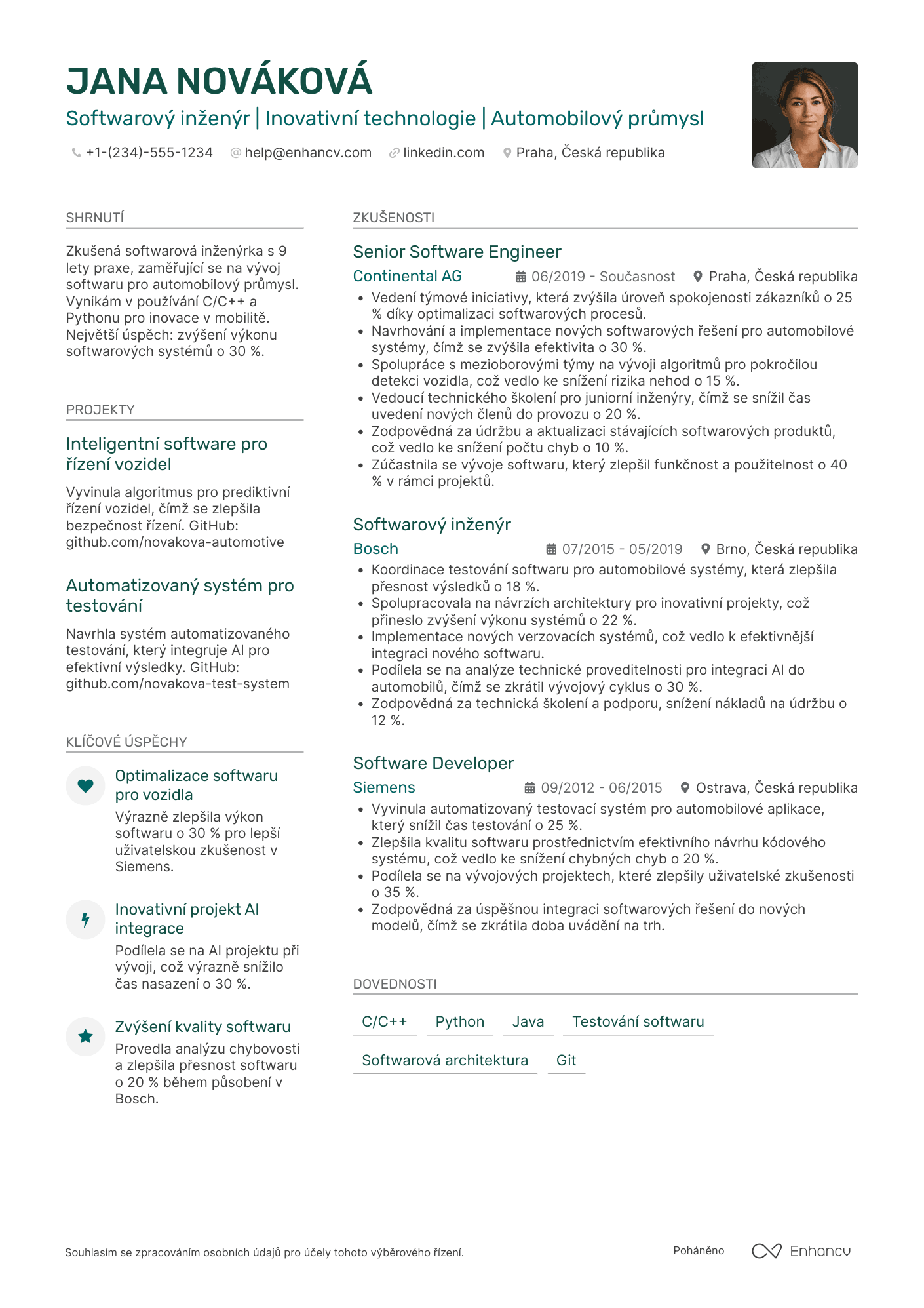 Životopis pro Softwarový inženýr v automobilovém průmyslu Resume Example