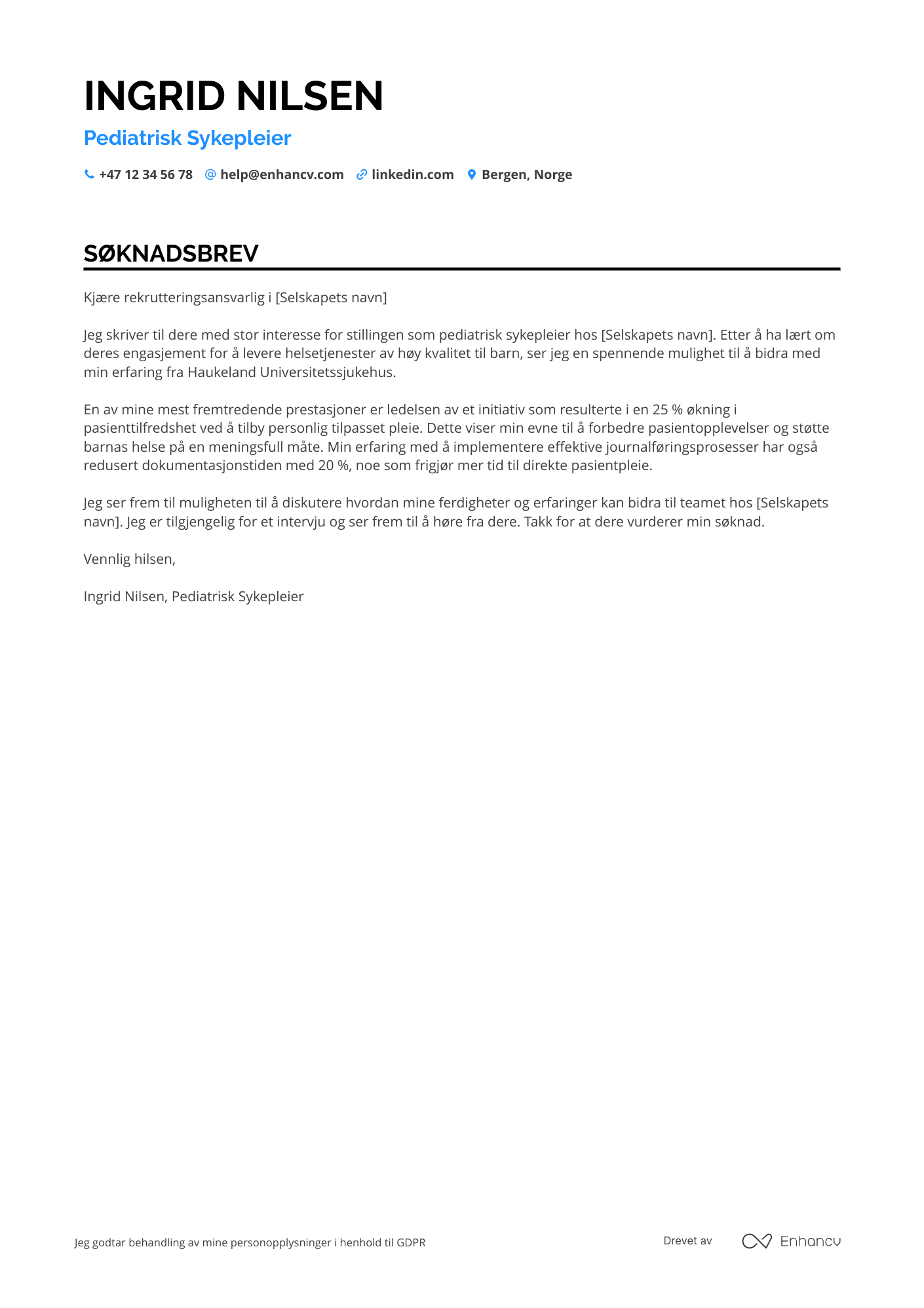 Søknadsbrev for Pediatrisk Sykepleier Resume Example