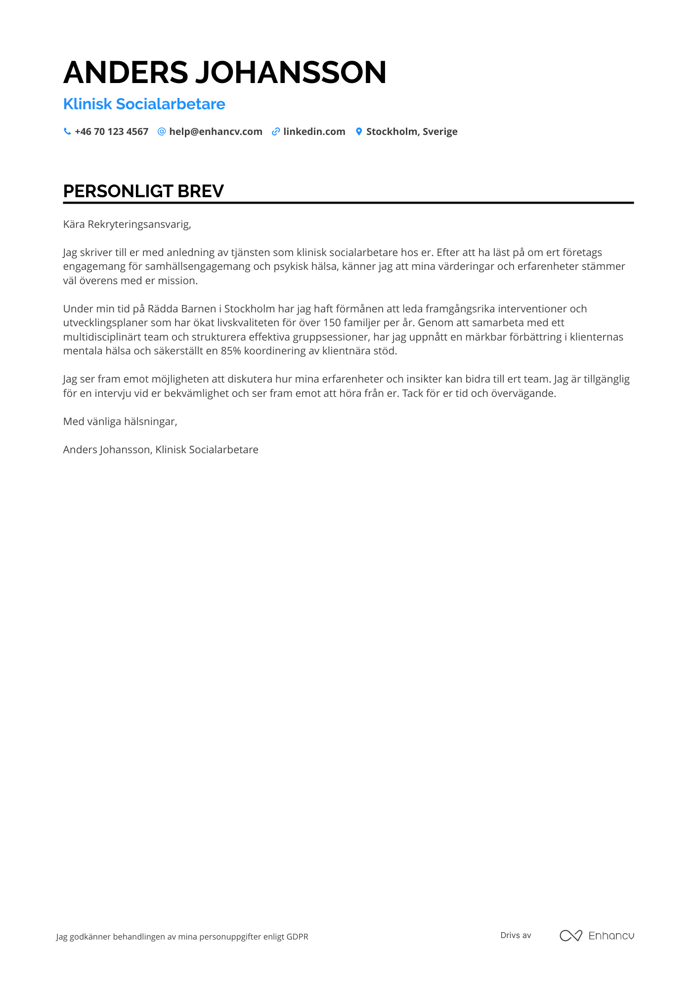 Personligt brev för Klinisk socialarbetare Resume Example
