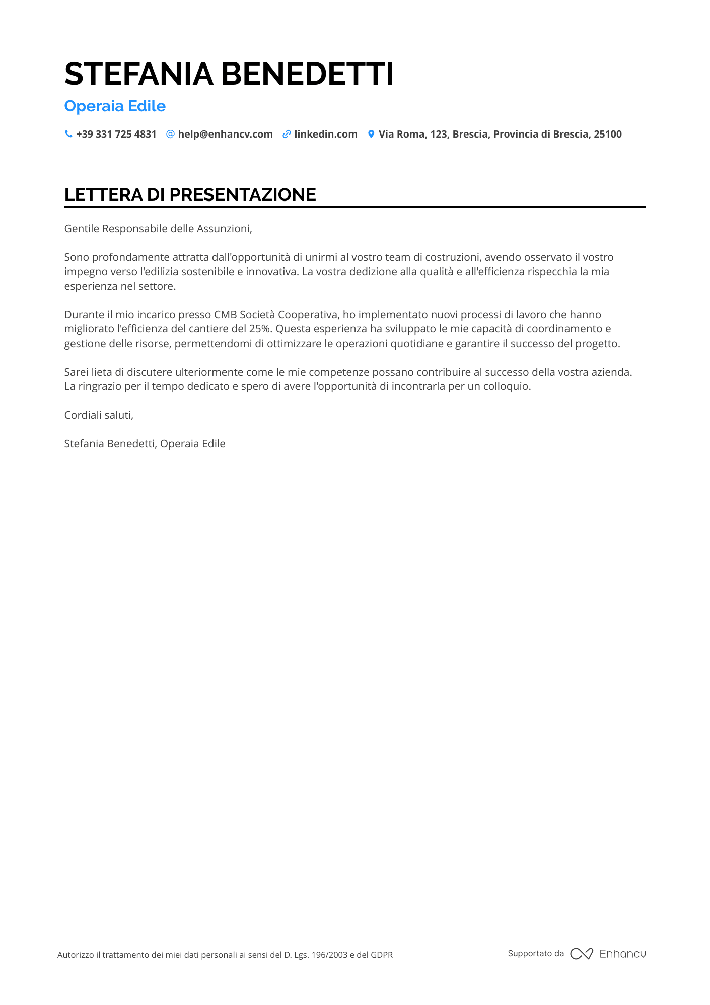 Operaio Edile Senior Resume Example