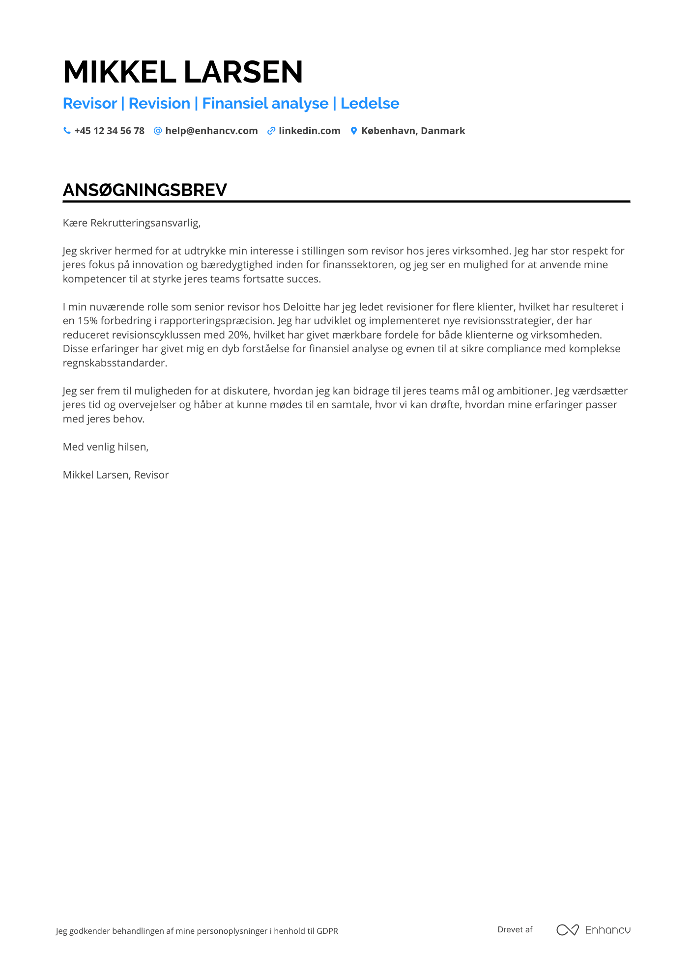 Ansøgningsbrev til Revisor med speciale i revision Resume Example