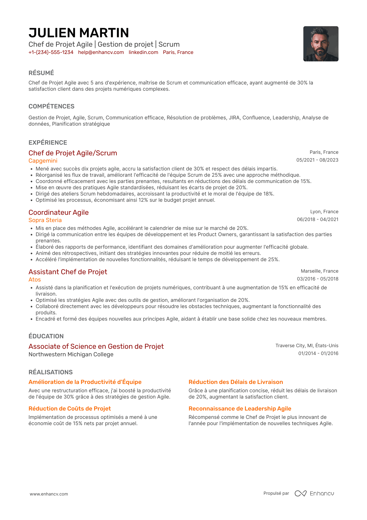 CV de chef·fe de projet agile / scrum Resume Example