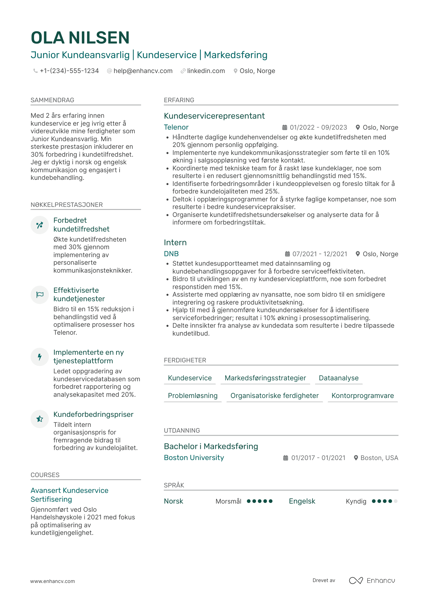 CV for Junior Kundeansvarlig Resume Example