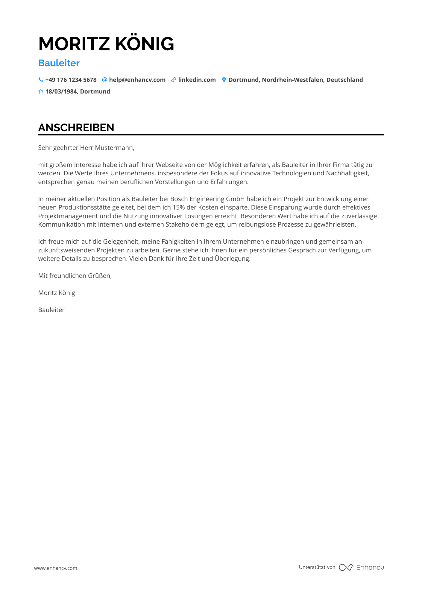 Bauleiter in der Automobilindustrie Resume Example