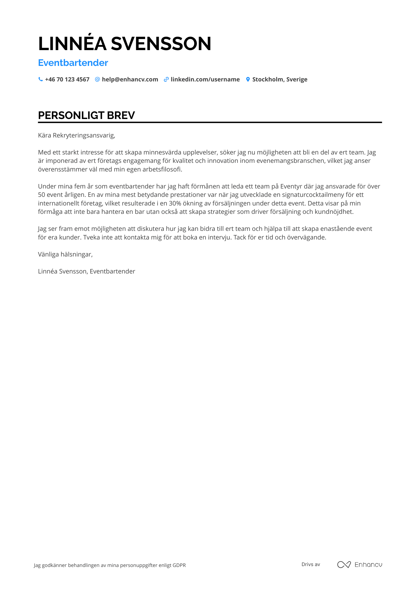Personligt brev för Eventbartender Resume Example
