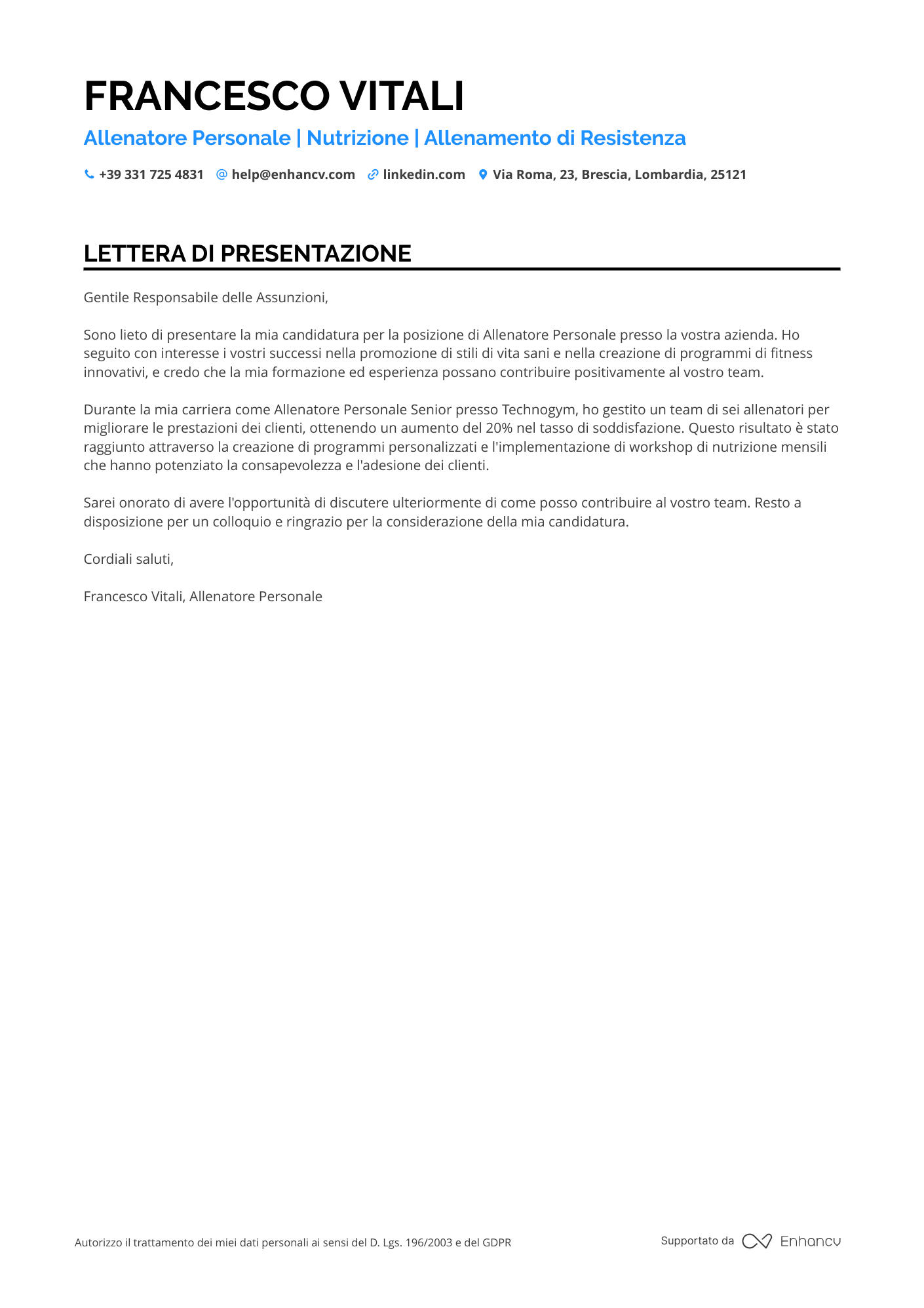 Personal Trainer Certificato Resume Example