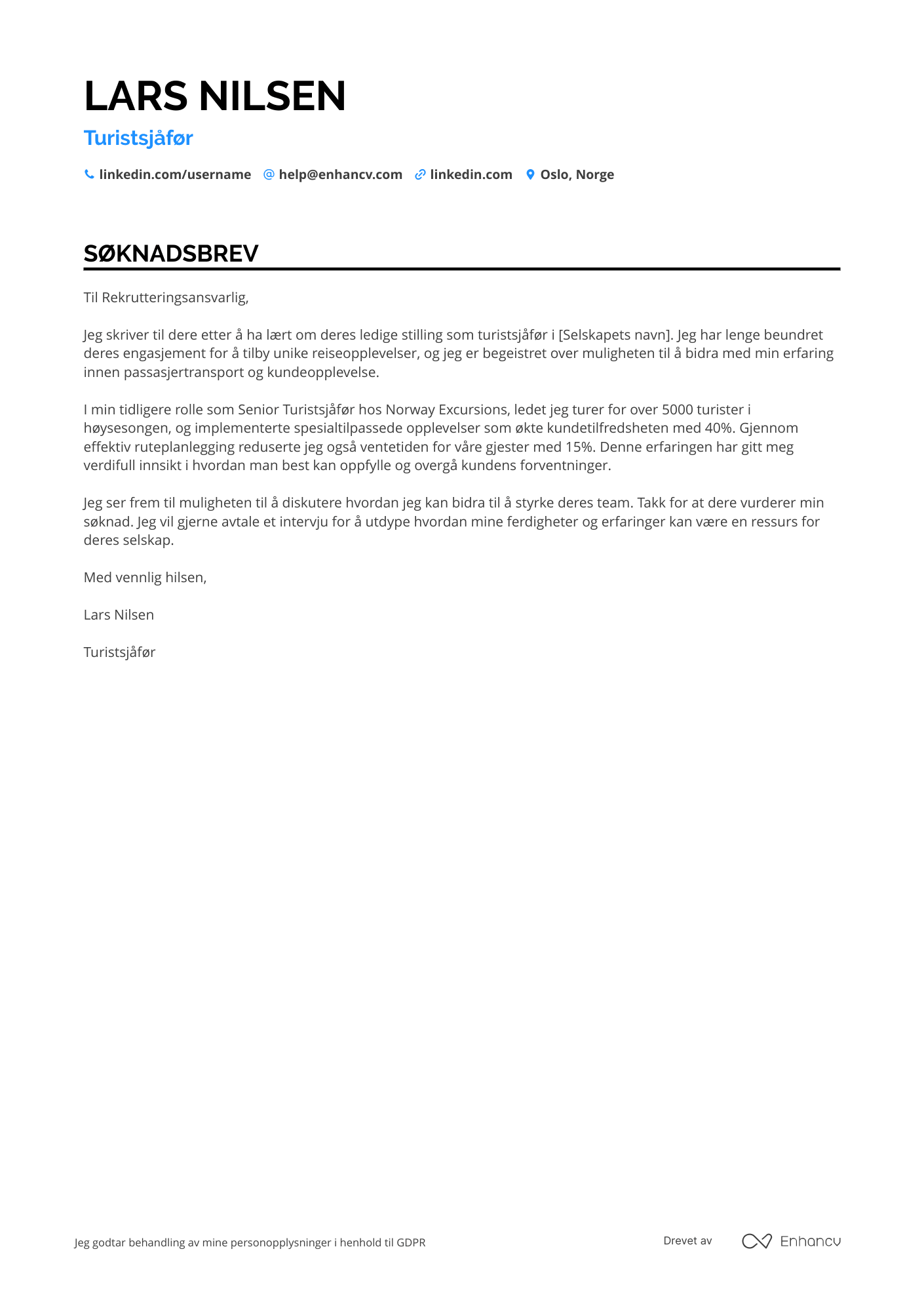 Søknadsbrev for Turistsjåfør Resume Example