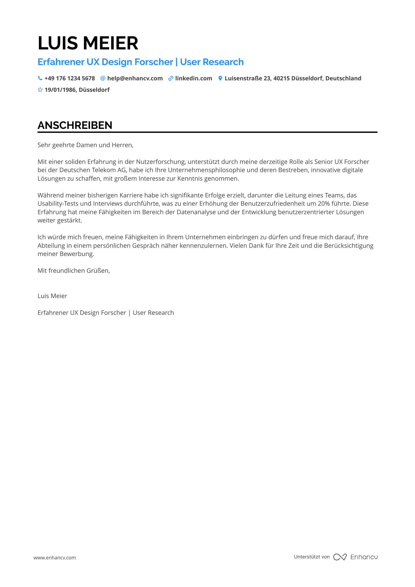 UX Design Forscher Resume Example