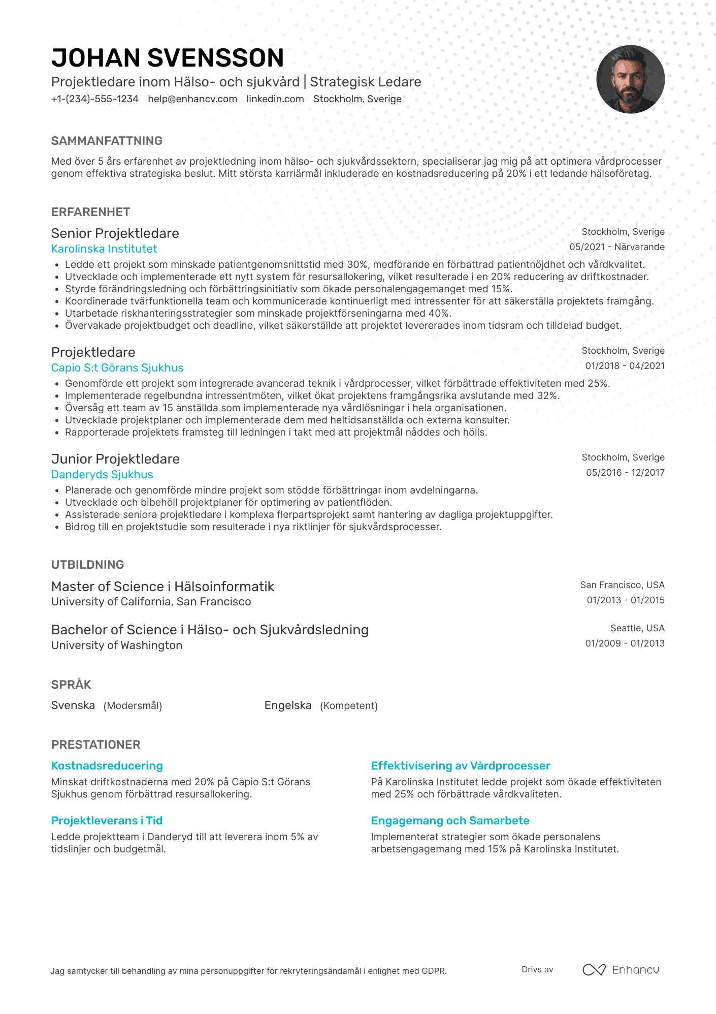CV för Projektledare inom hälso  och sjukvård Resume Example