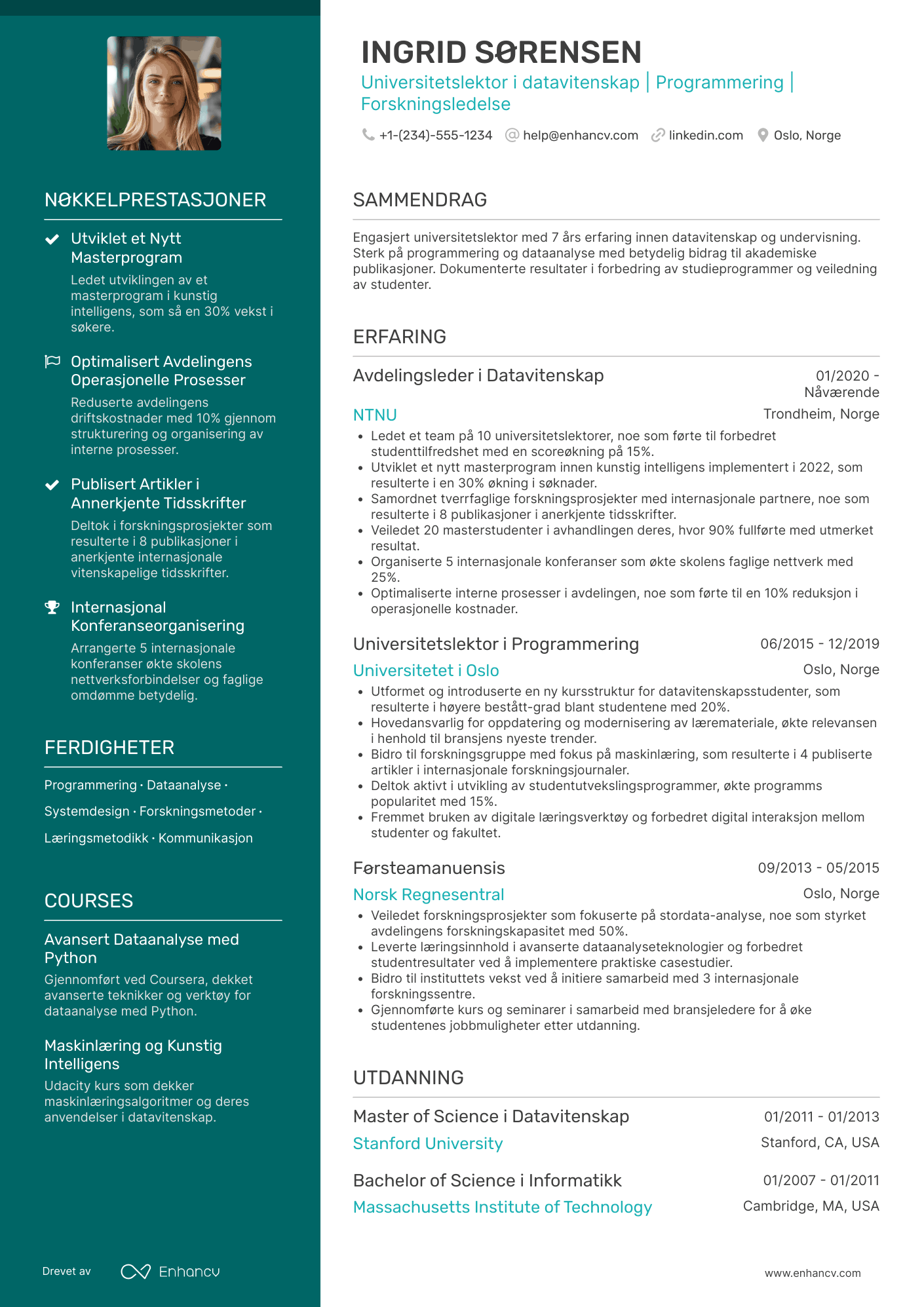 CV for Universitetslektor i datavitenskap Resume Example