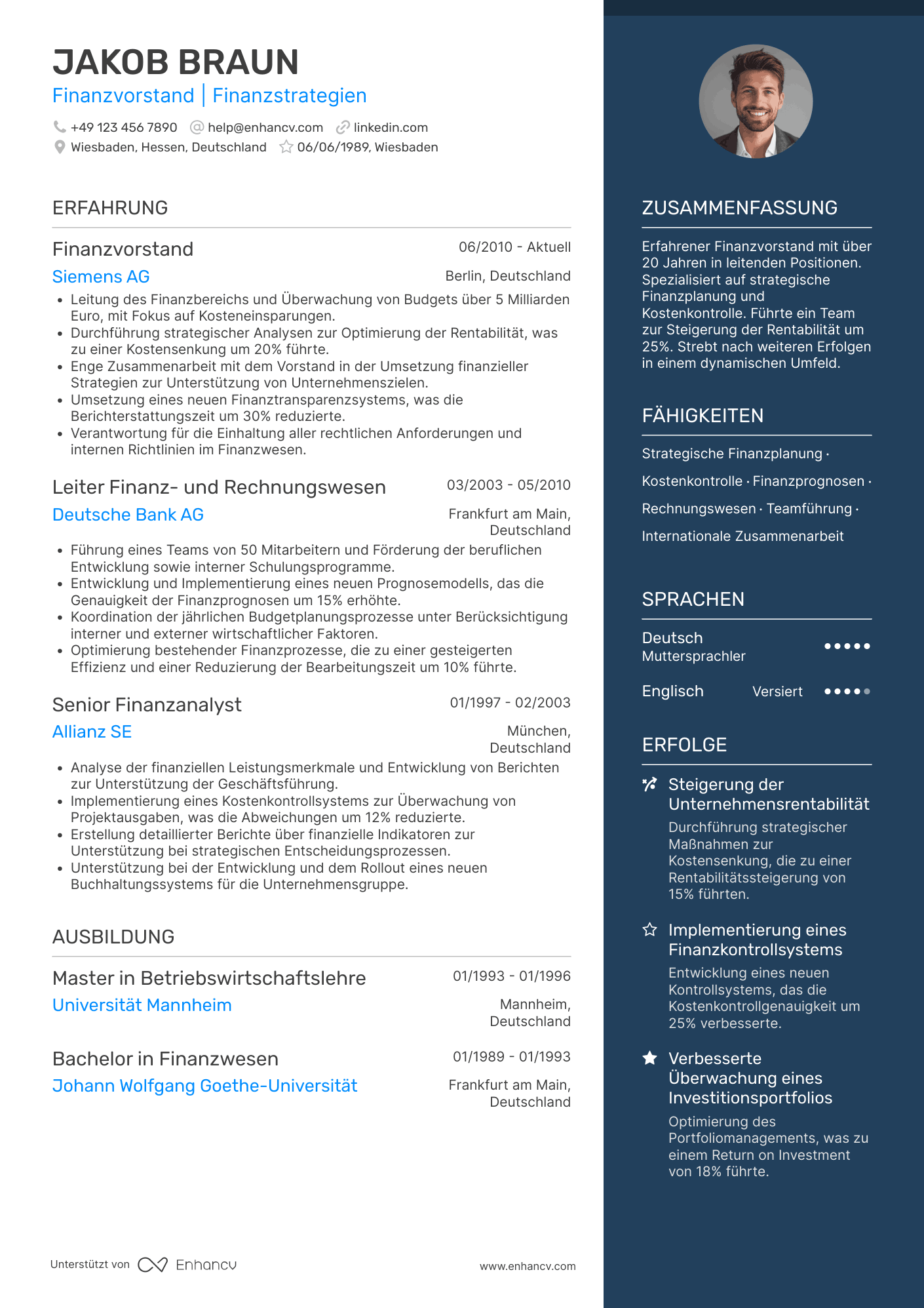 Lebenslauf als Finanzvorstand mit 20 Jahren Erfahrung Resume Example