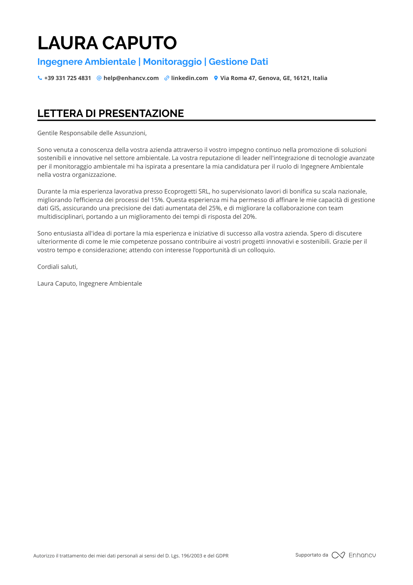 Ingegnere Ambientale Resume Example