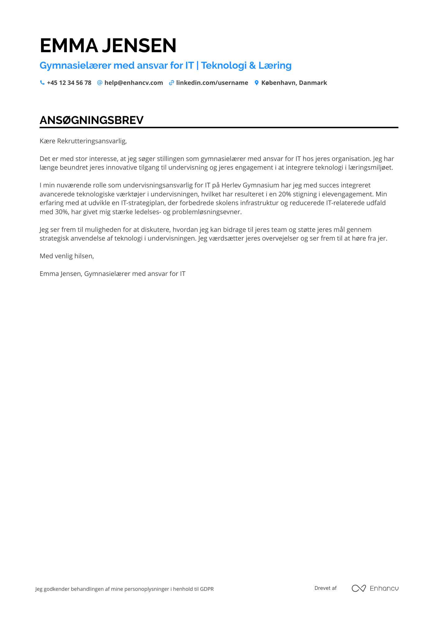 Ansøgningsbrev til Gymnasielærer med ansvar for IT Resume Example