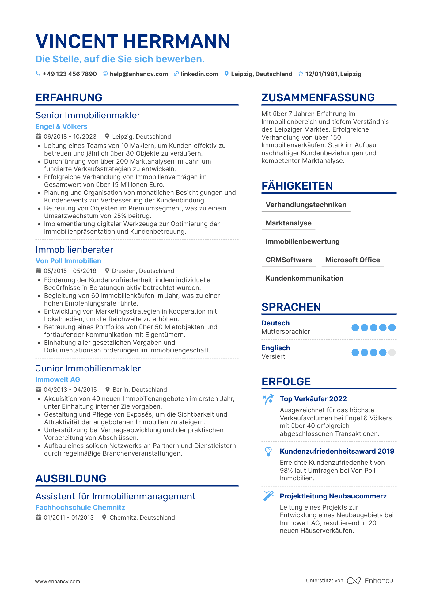 Lebenslauf als Immobilienmakler Spezialist Resume Example