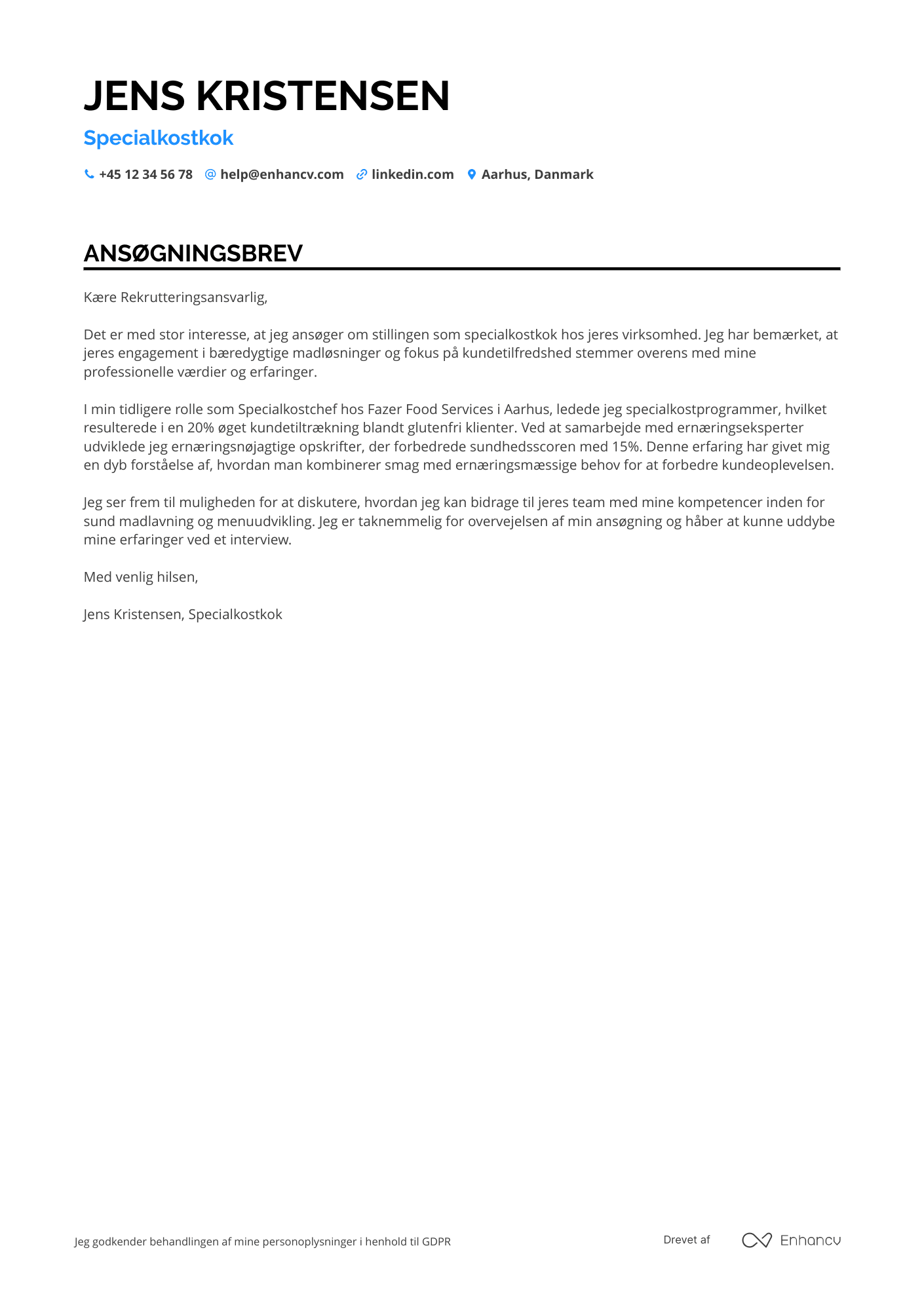 Ansøgningsbrev til Specialkostkok Resume Example