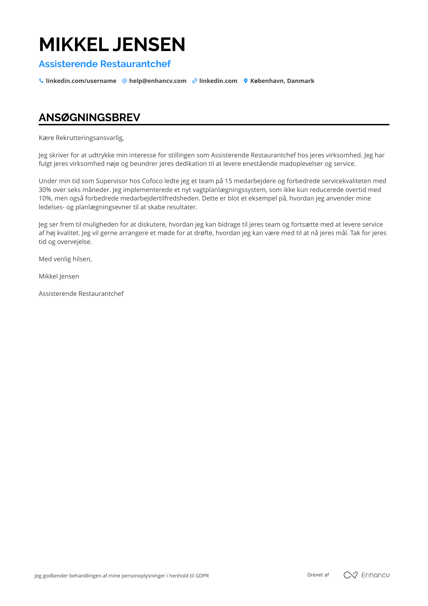 Ansøgningsbrev til Assisterende restaurantchef Resume Example