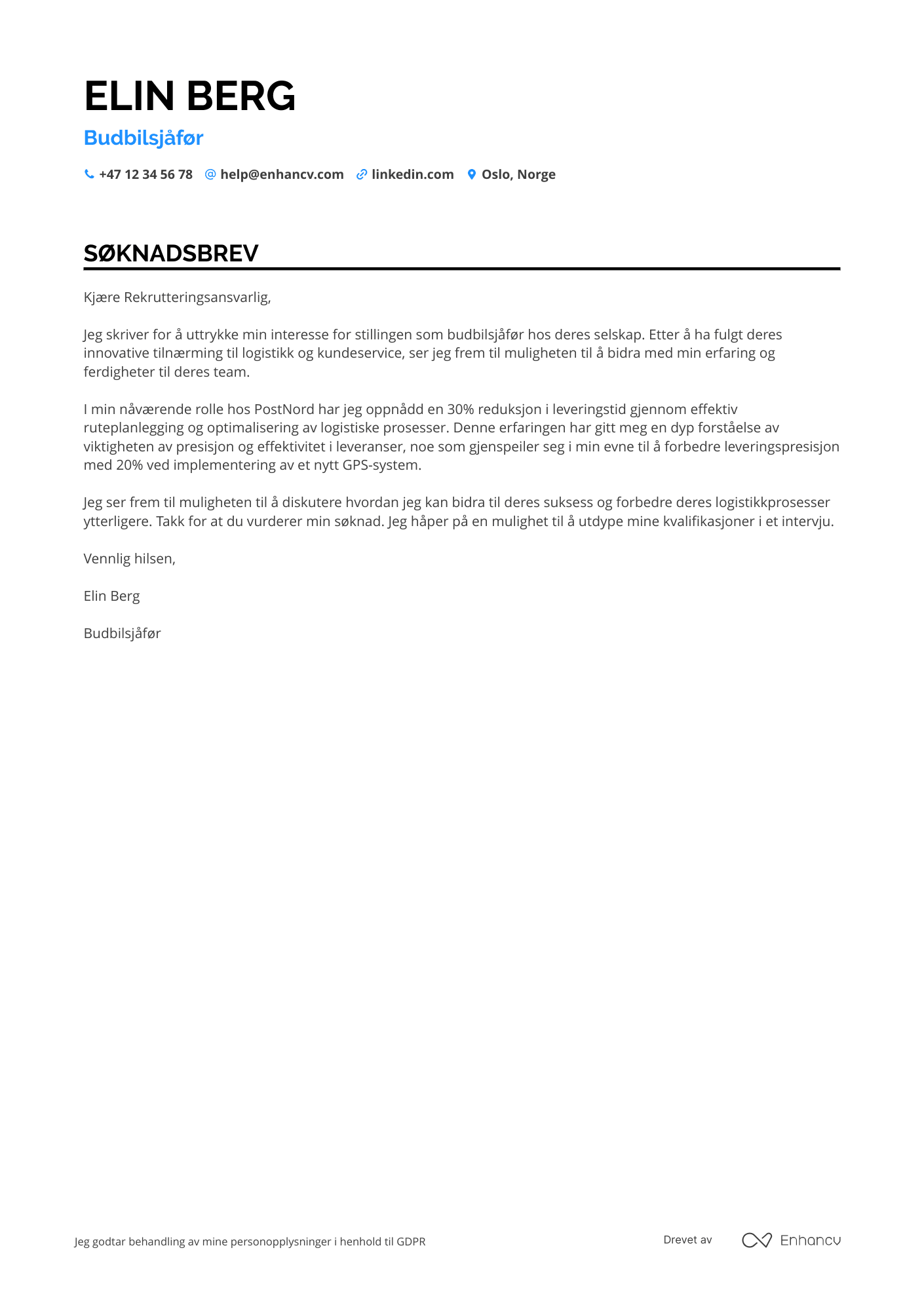 Søknadsbrev for Budbilsjåfør Vikar Resume Example
