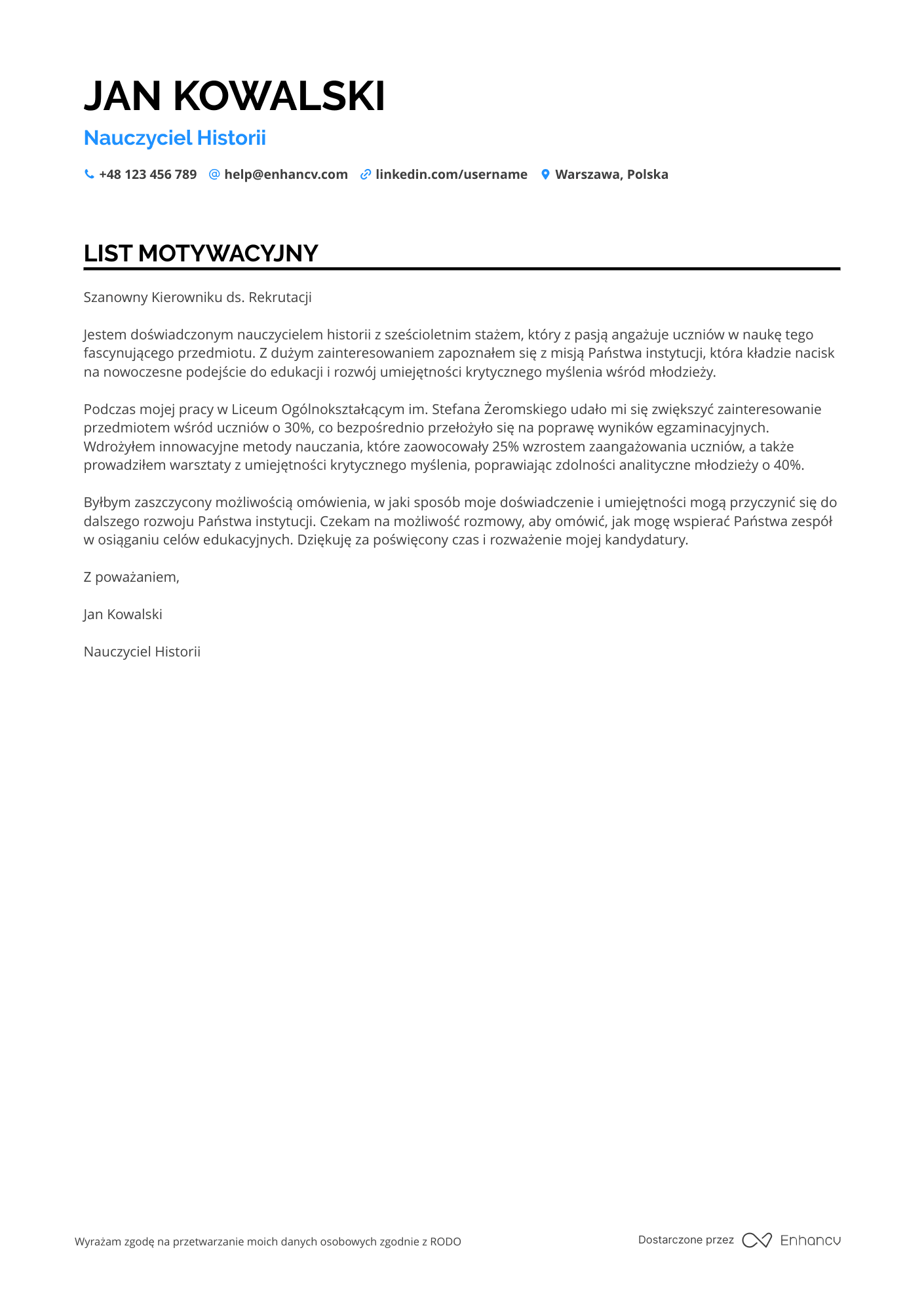List motywacyjny dla Nauczyciel Historii Resume Example