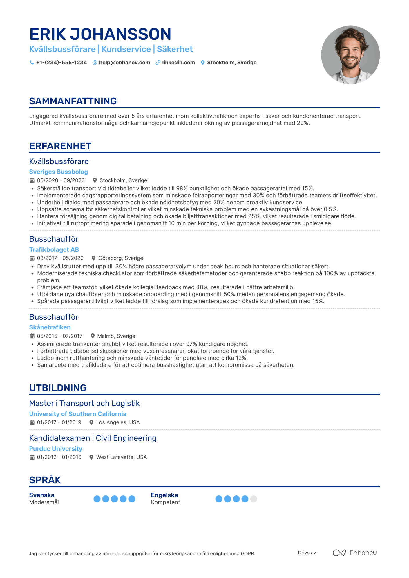 CV för Kvällsbussförare Resume Example