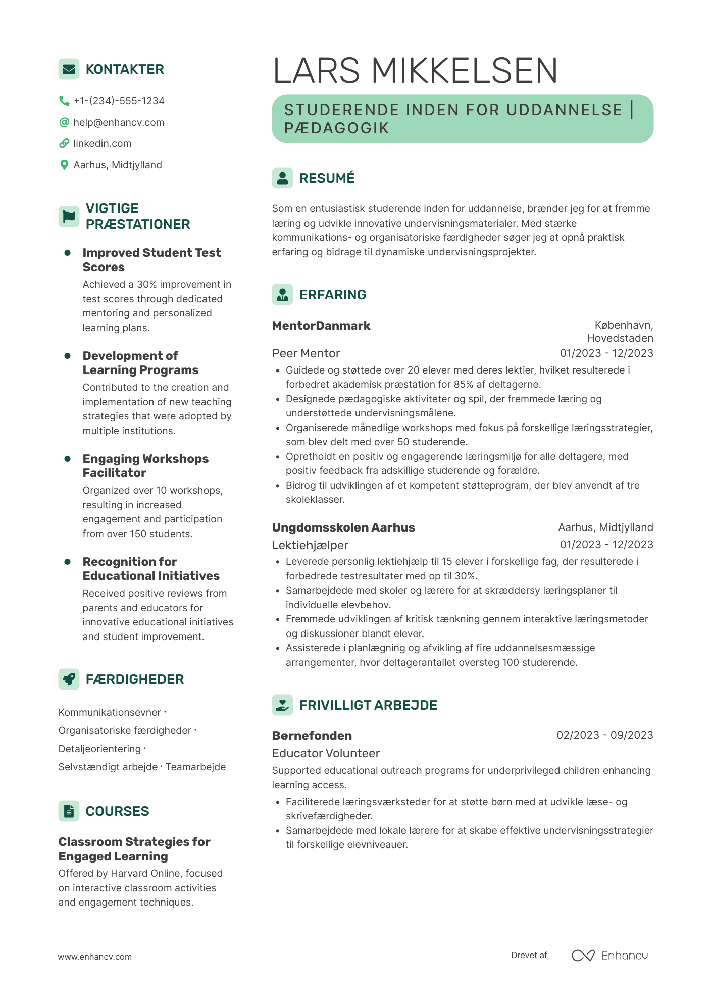 CV til Studerende inden for Uddannelse Resume Example
