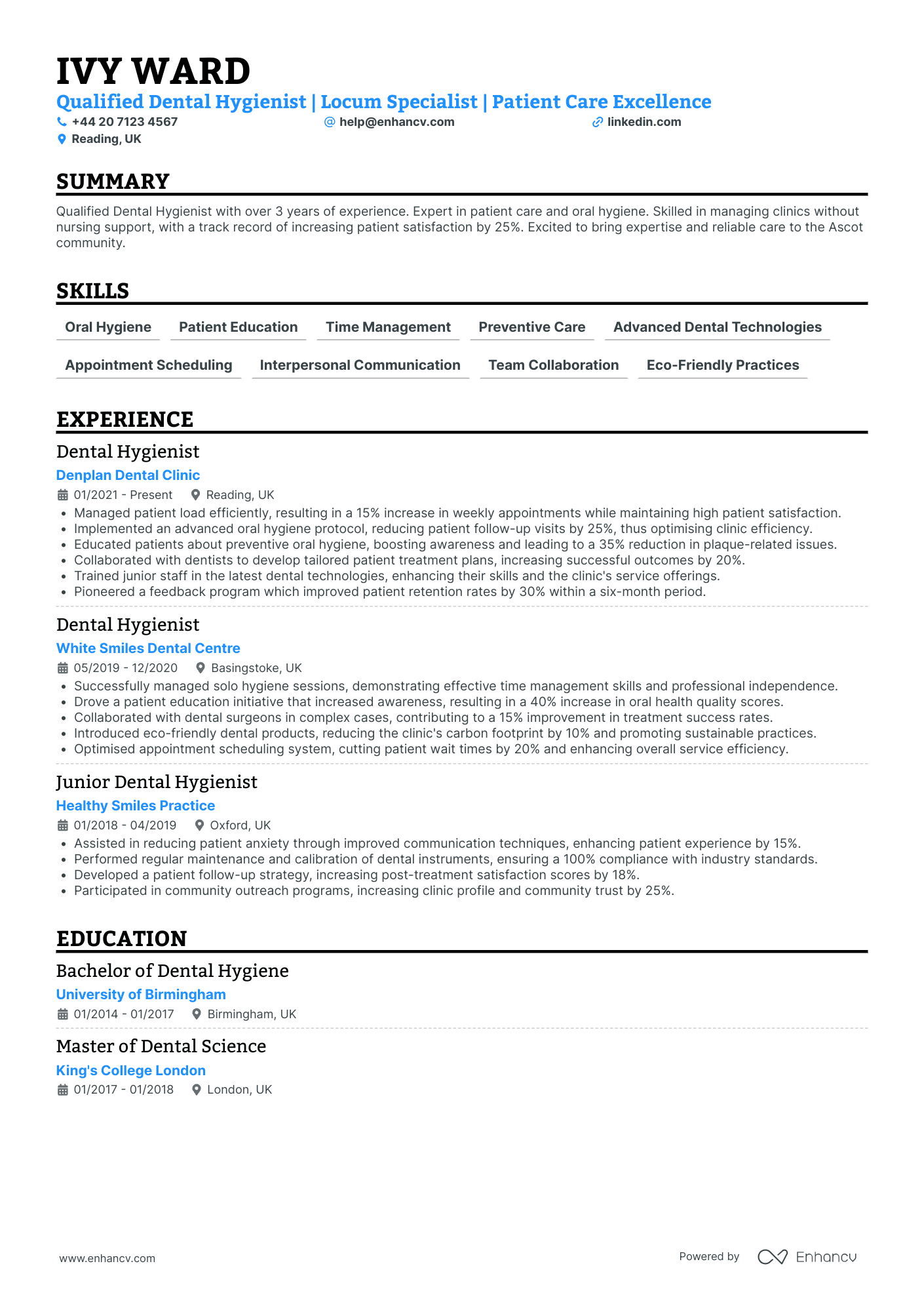 Contract Dental Hygienist Resume Example