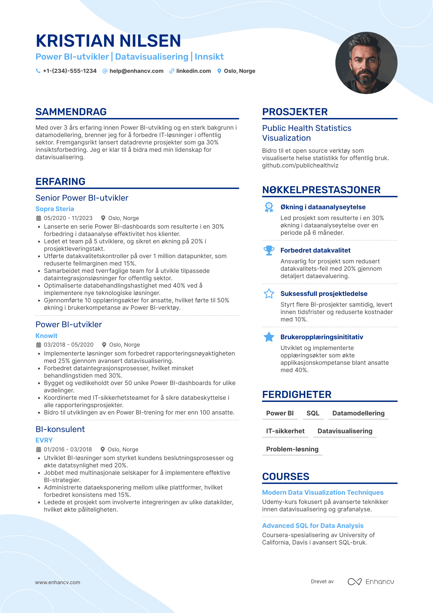 CV for Power BI‑utvikler i offentlig sektor Resume Example