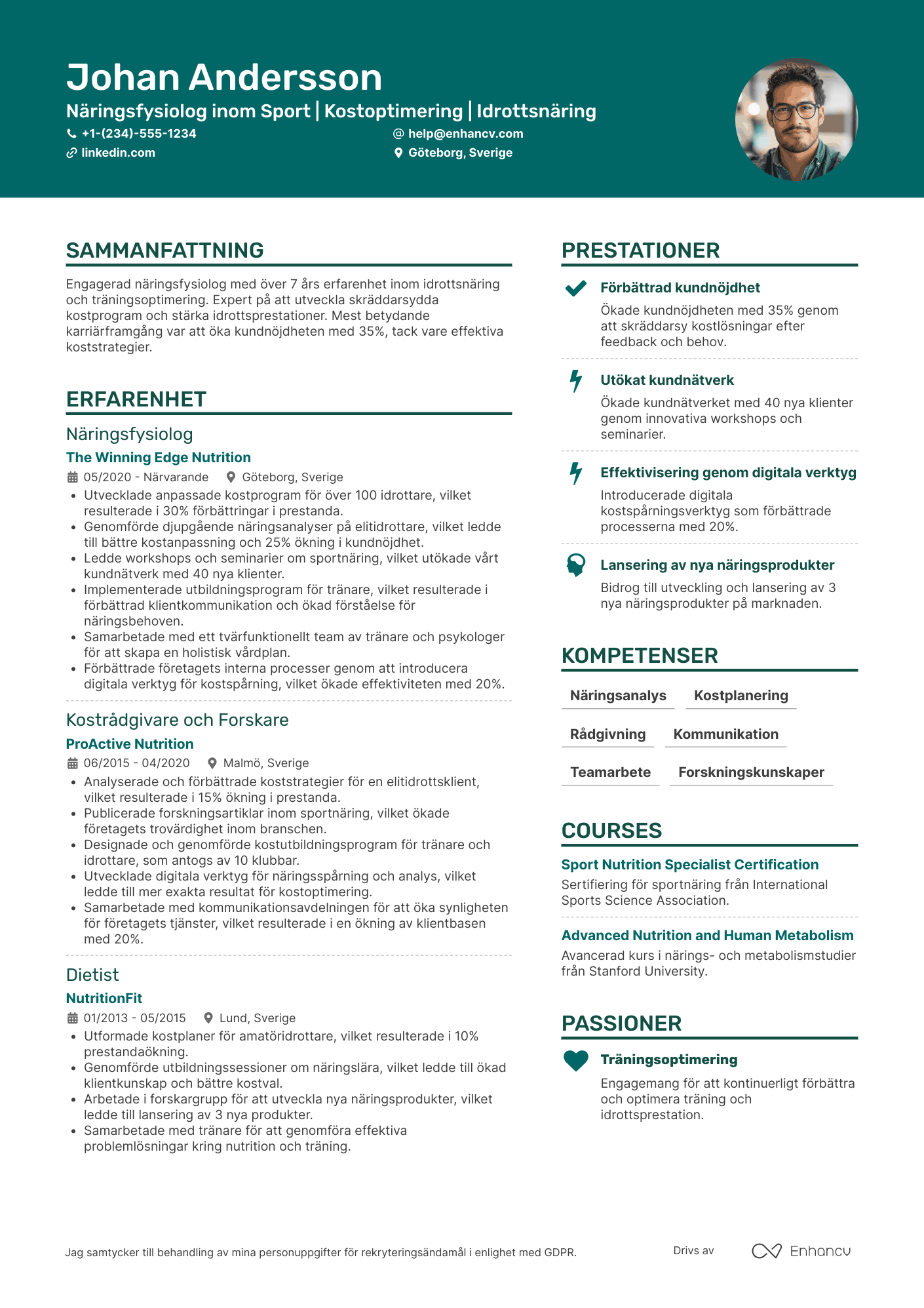 CV för Näringsfysiolog inom Sport Resume Example