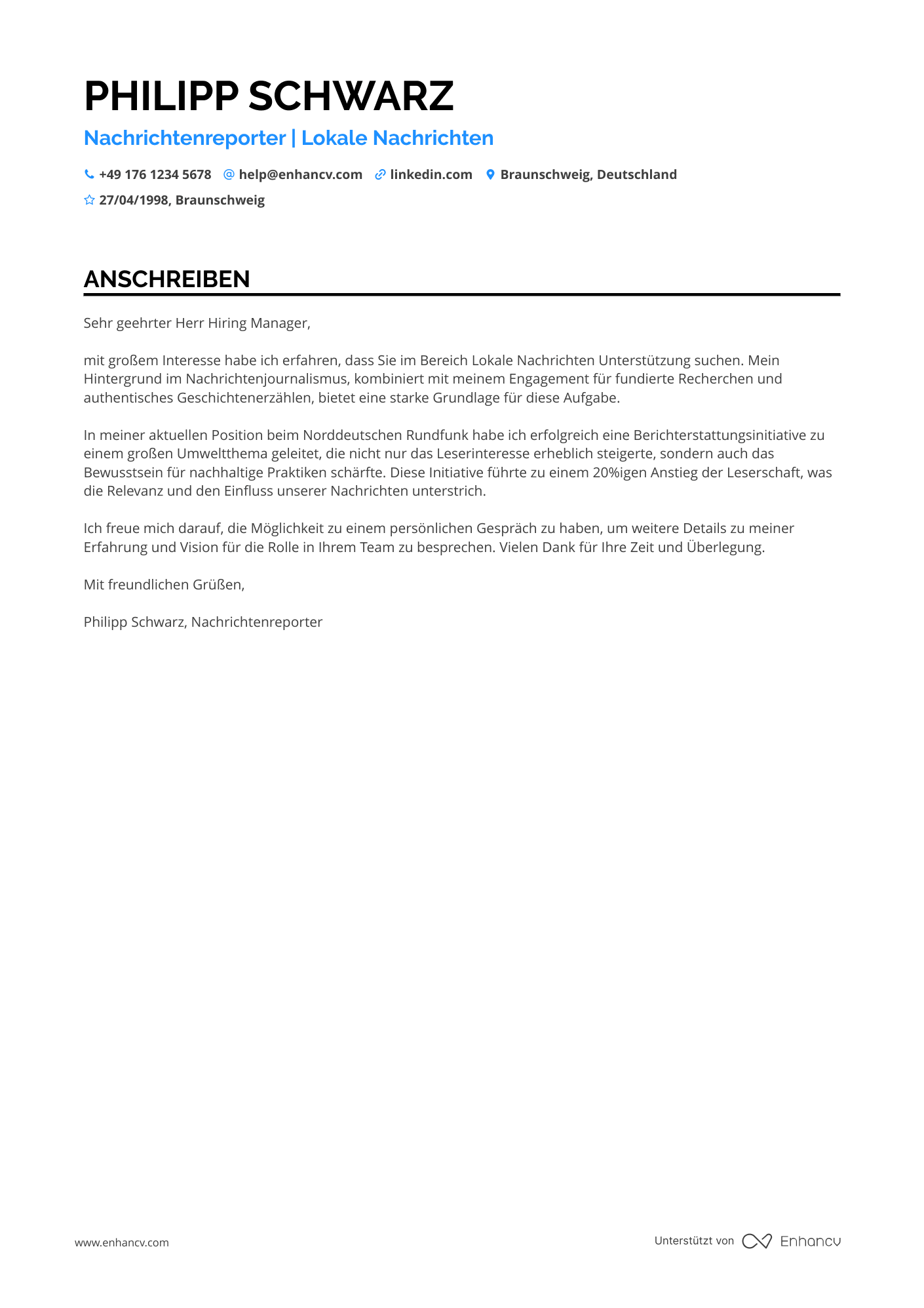 Einstiegslevel Journalist Resume Example