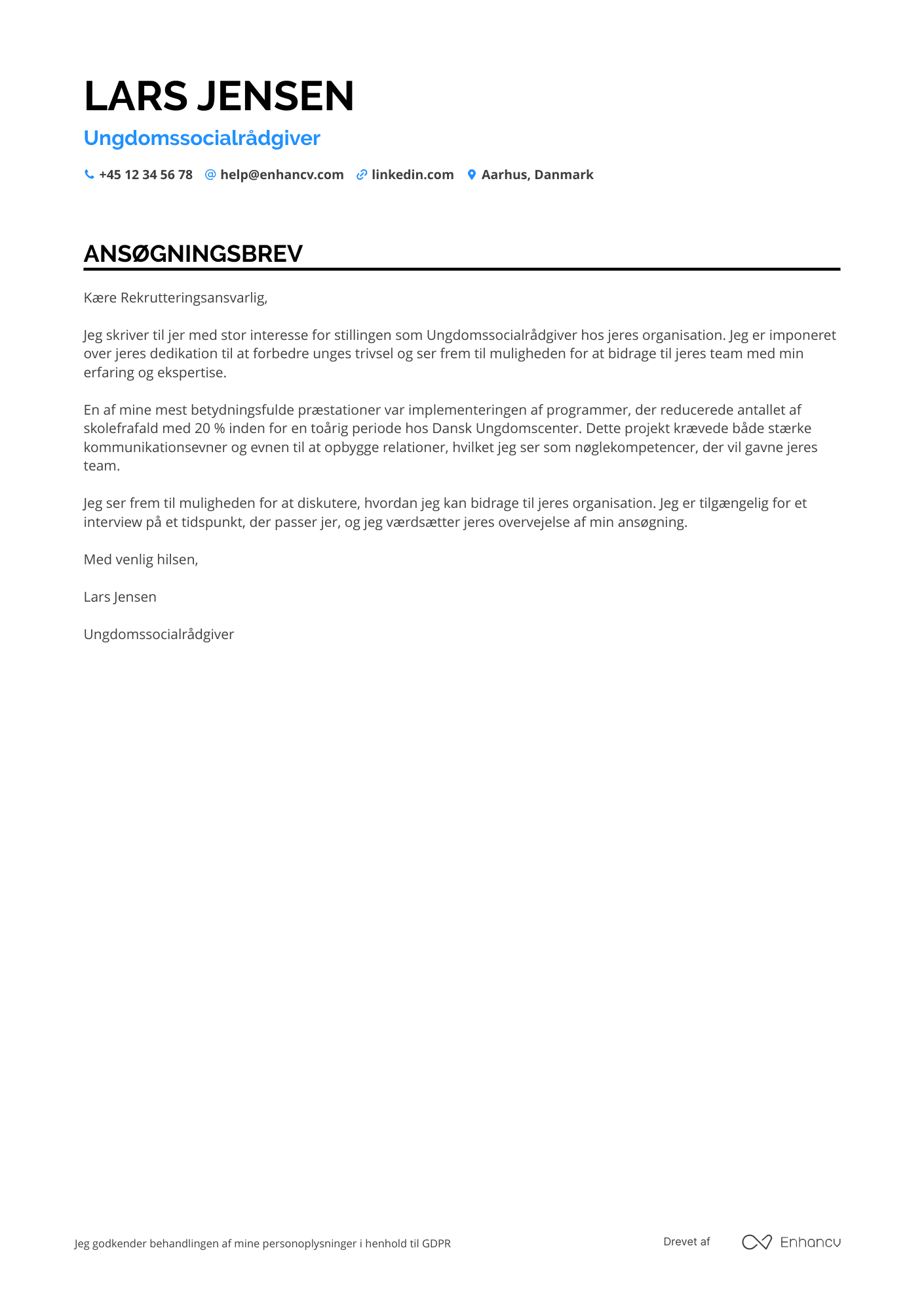 Ansøgningsbrev til Ungdomssocialrådgiver Resume Example