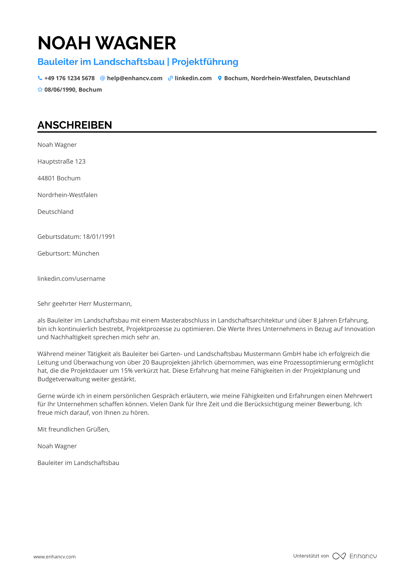 Bauleiter für Landschaftsbau Resume Example