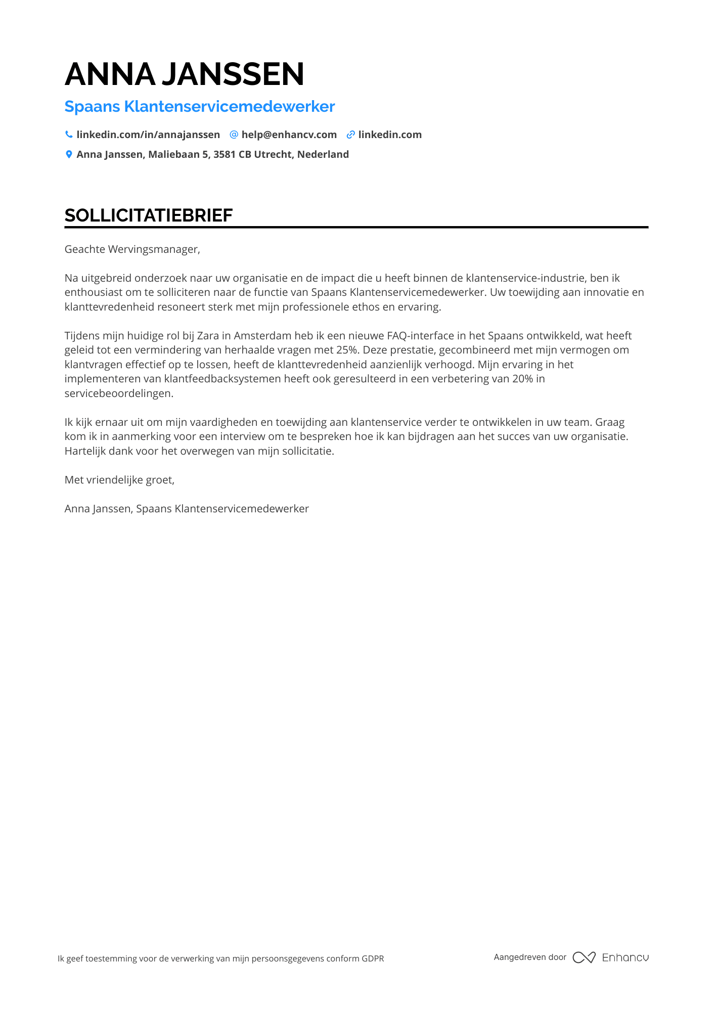 Sollicitatiebrief voor Spaans Klantenservicemedewerker Resume Example
