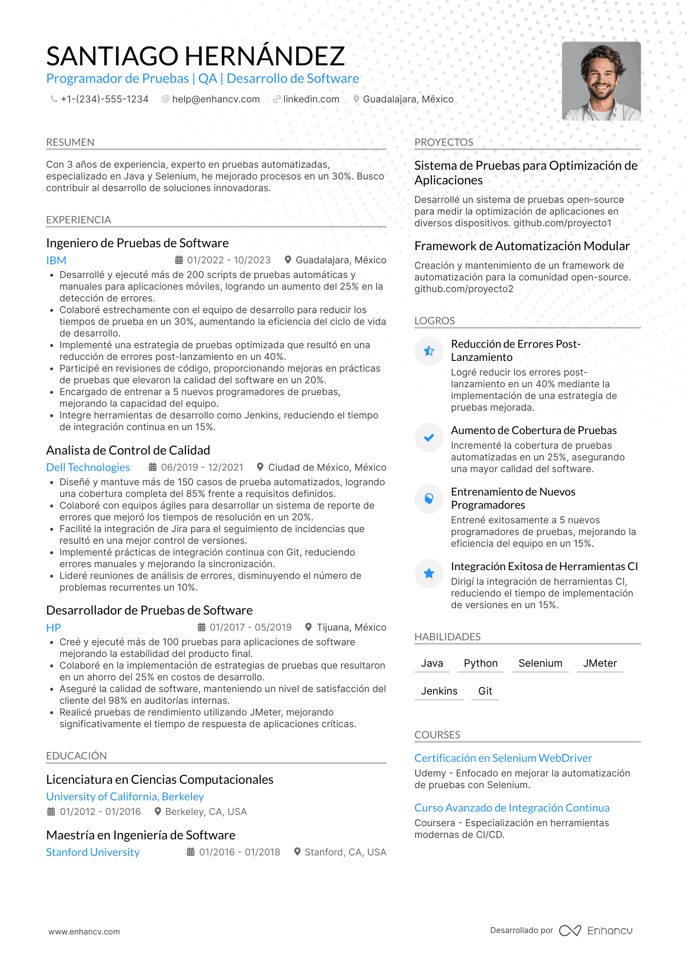 Currículum de programador de pruebas Resume Example