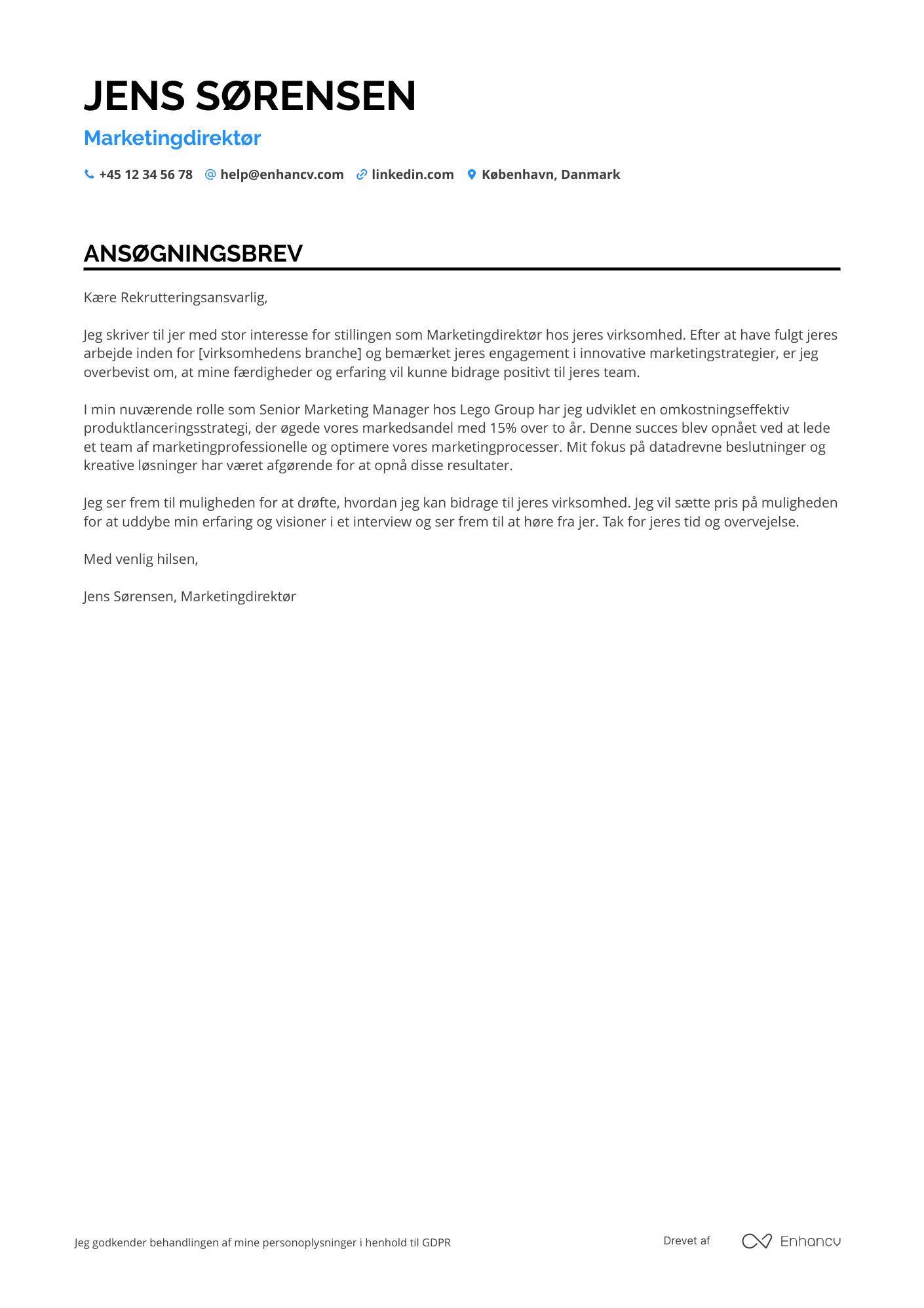 Ansøgningsbrev til Marketingdirektør for produktmarketing Resume Example