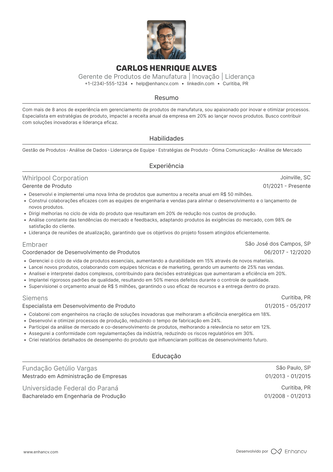 Gerente de produto de manufatura Resume Example