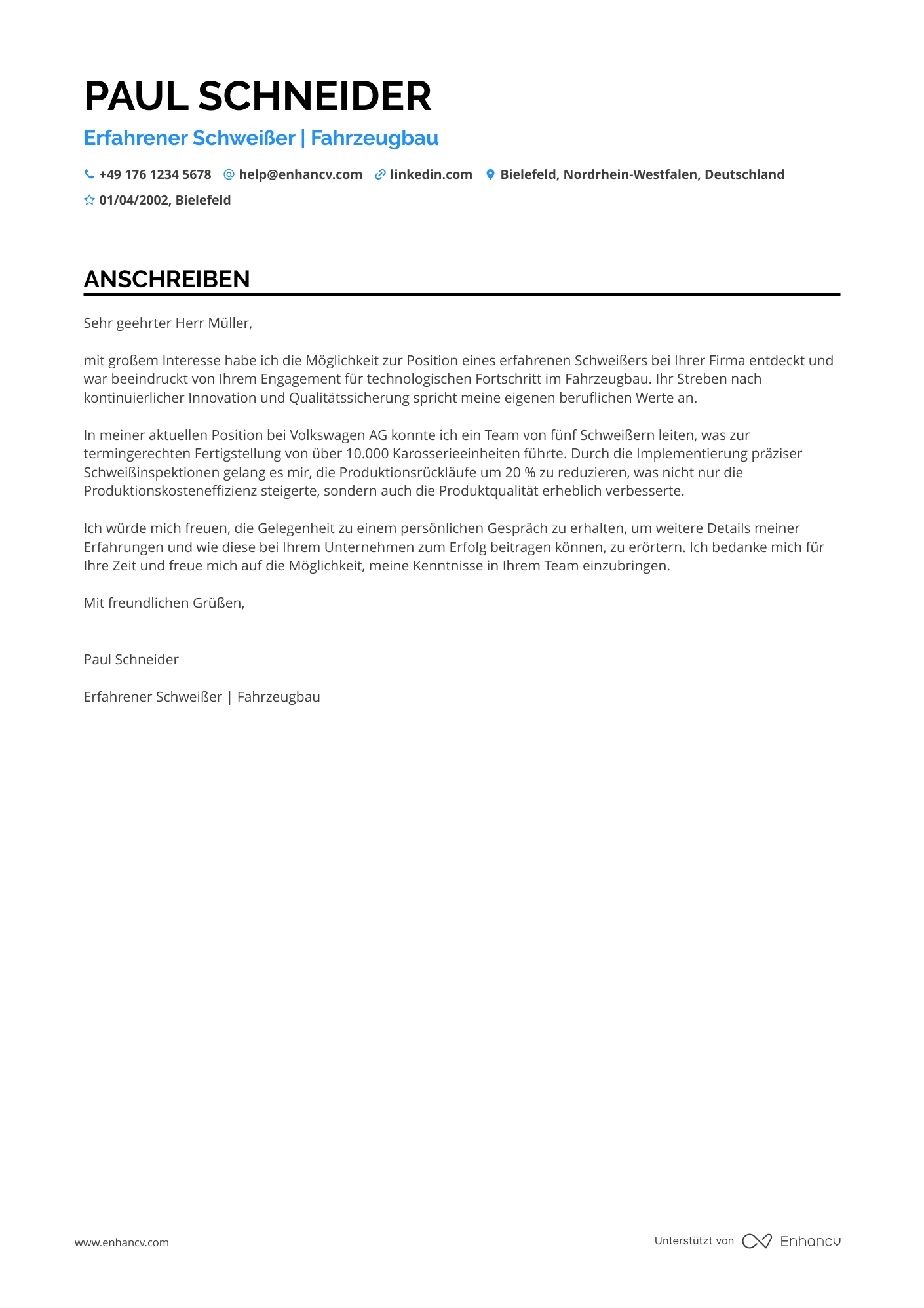 Automobil Schweißer Resume Example